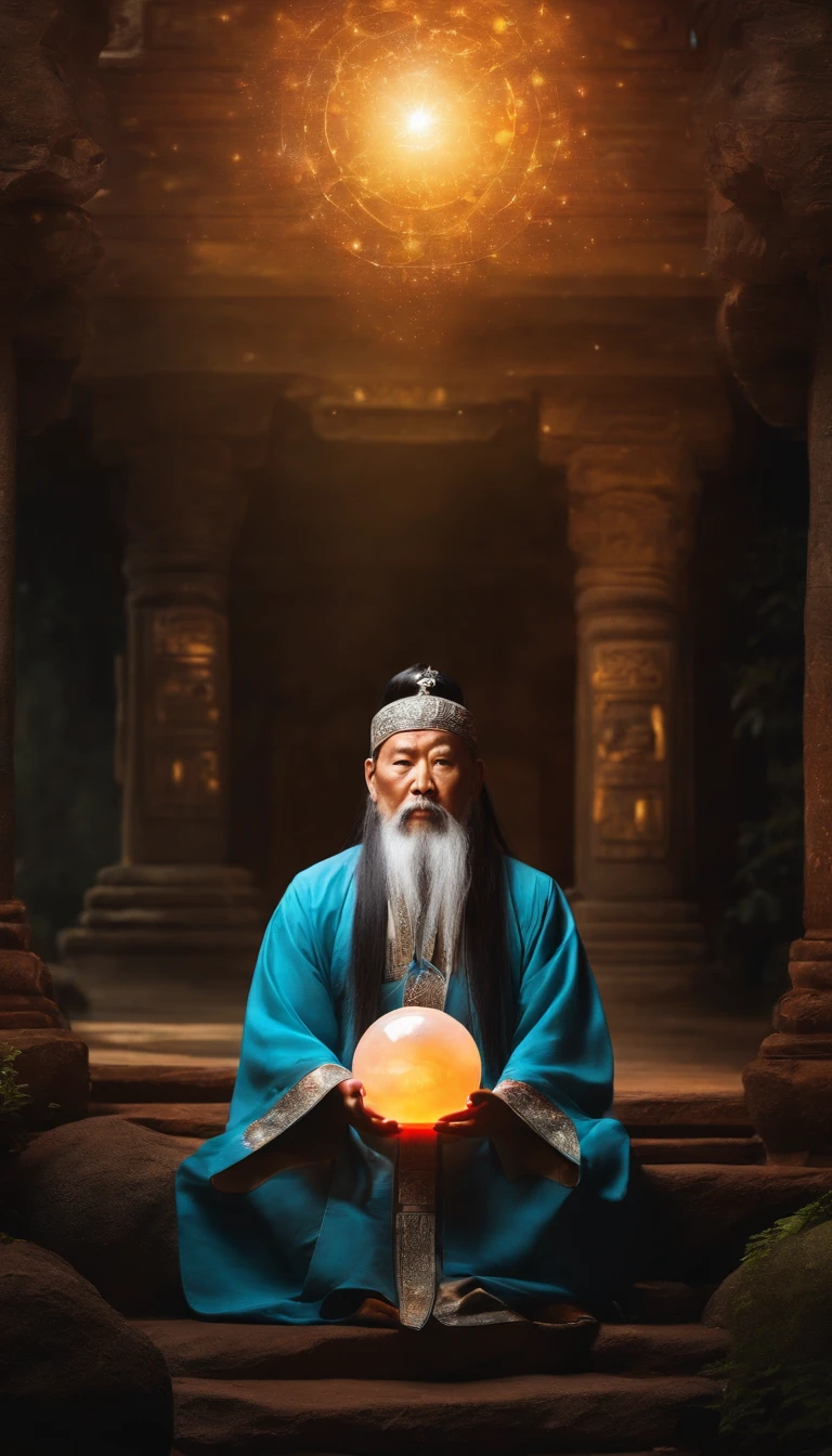 Close-up of a Chinese Taoist leader sitting on a stone,Long hair,short mustache,Holding a glowing crystal ball in his hand,staring right into camera,Meditate cross-legged, at centre,Very bright colors, Light particles, with light glowing, wallpaper art, UHD wallpaper