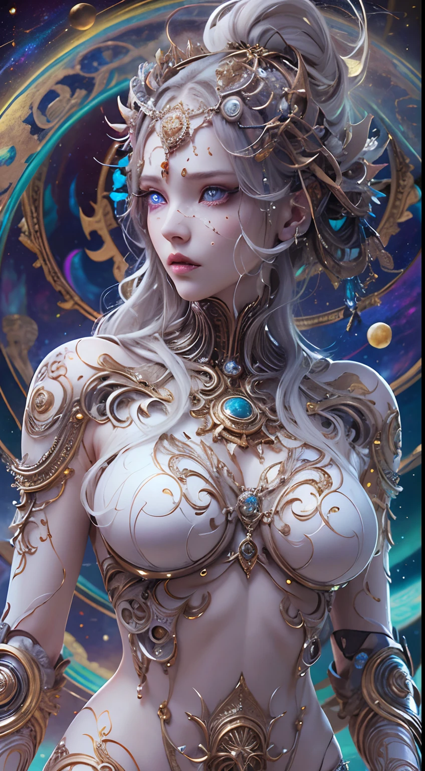 Full body like,(best qualtiy,ultra - detailed,Most Best Illustration,Best shadow,tmasterpiece,A high resolution,professionalartwork,famousartwork),Detailed eyes,beautidful eyes,closeup cleavage,sci-fy,colored sclera,Robot eyes,face markings,Tattooed with,(fractalized,Fractal eyes),largeeyes,Wide eyes,(Eye focus),sface focus,Cosmic eyes,Space eyes,Close-up of metal sculpture of a woman with a moon in her hair,goddes。extremly high detail,3 d goddess portrait,Extremely detailed footage of the goddess,a stunning portrait of a goddess,Side image of the goddess,portrait of a beautiful goddess,Full body close-up portrait of the goddess,hecate goddess,portrait of a norse moon goddess,goddess of space and time,(RAW photo:1.2),camel-toe,Hollow-out on,sweat leggs,White liquid, Smooth pink skin, shiny metallic glossy skin, Shiny, spread their legs M-shaped legs,angry look,sullenness,Irritated,white liquid all over body,Full body like