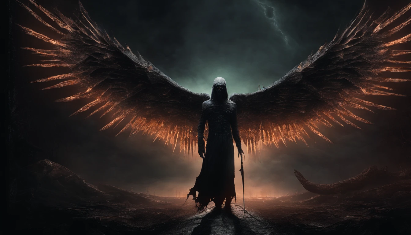 Cosmic Fallen Angel, Glowing light eyes, biomechanical, Creepy, Creepy, nightmarish, Very bright colors, light particles, with luminous light, Wallpaper Art, UHD wallpaper,medieval garb