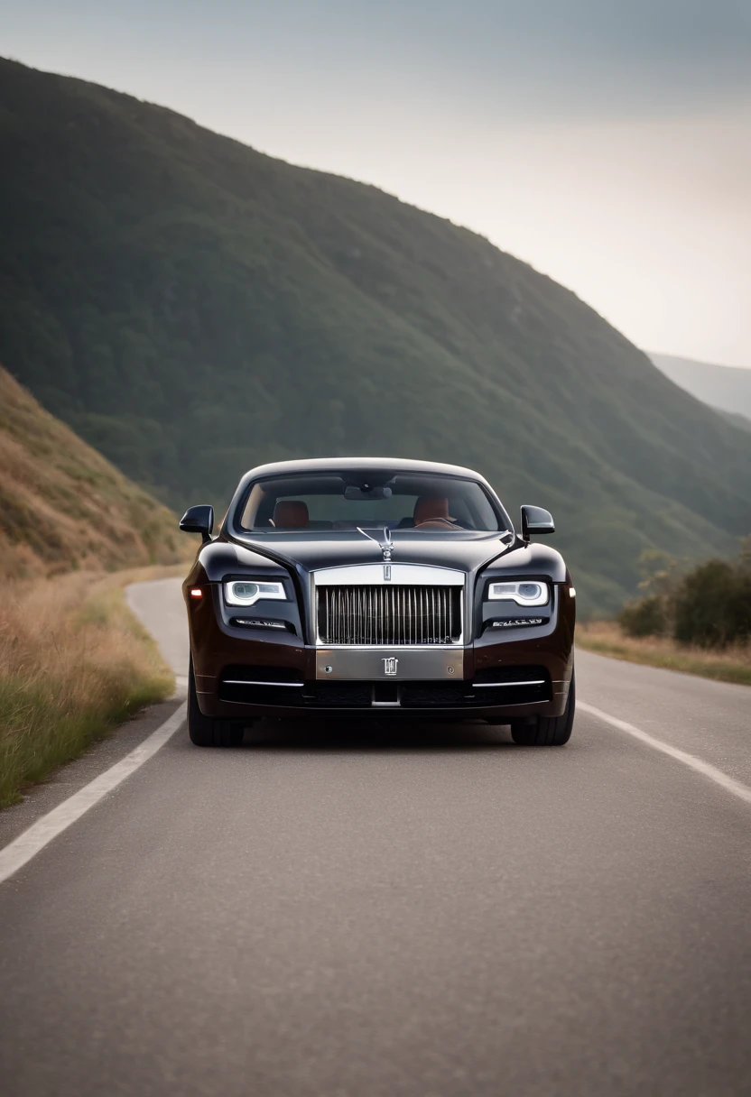 A Rolls-Royce, walk in motion on a scenic road, Masterpiece, realistic, HD, modified, nismo, hi performance, high speed, Don’t make photos too cartoony. Showing the integration between the car and the environment.