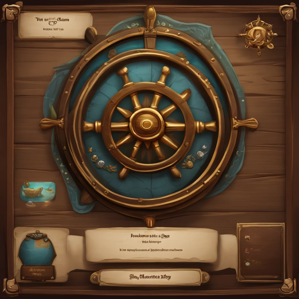 A close-up of a menu with a ship wheel and various icons, Interface do jogo, Interface do jogo, pirate setting, Jogo HUD, game ui asset design, Placa UI, arte do item, game icon asset, game icon stylized, Estilo de cor de Hearthstone, health bar hud, foto menu do restaurante, Captura de tela do PC, tela do jogo, captura de tela detalhada, no oceano, game overlay, .png, sem antecedentes