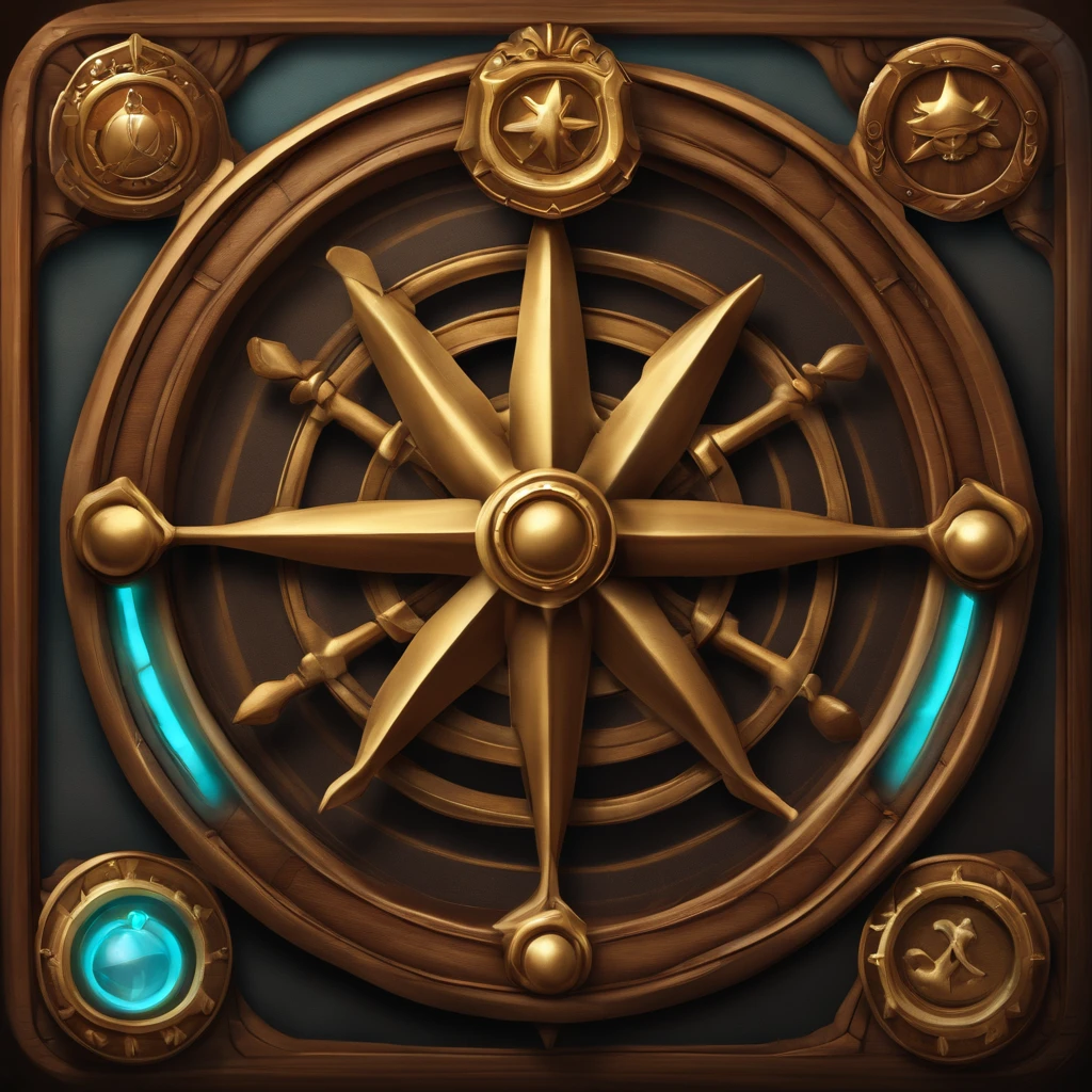 A close-up of a menu with a ship wheel and various icons, Interface do jogo, Interface do jogo, pirate setting, Jogo HUD, game ui asset design, Placa UI, arte do item, game icon asset, game icon stylized, Estilo de cor de Hearthstone, health bar hud, foto menu do restaurante, Captura de tela do PC, tela do jogo, captura de tela detalhada, no oceano, game overlay, ..png, sem antecedentes