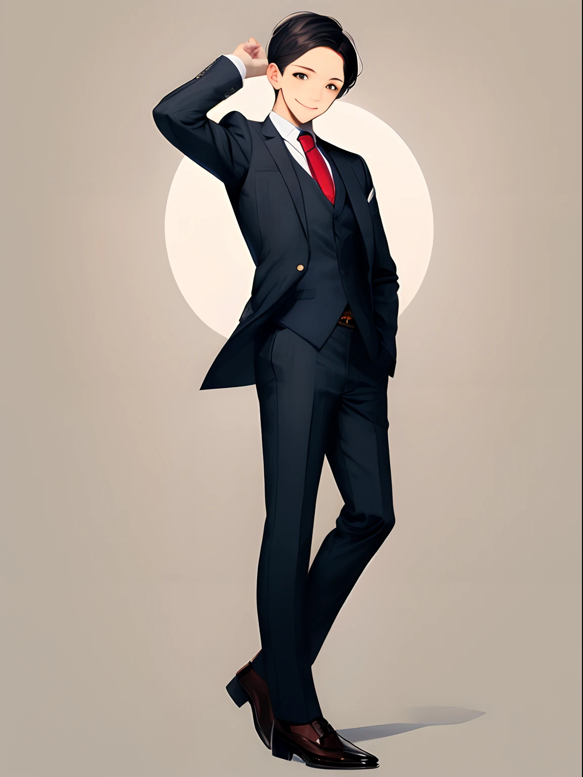 (Masterpiece, best quality), 1men, 30's, smile, black hair, short hair, business suit, full body, folding one's arms, white background