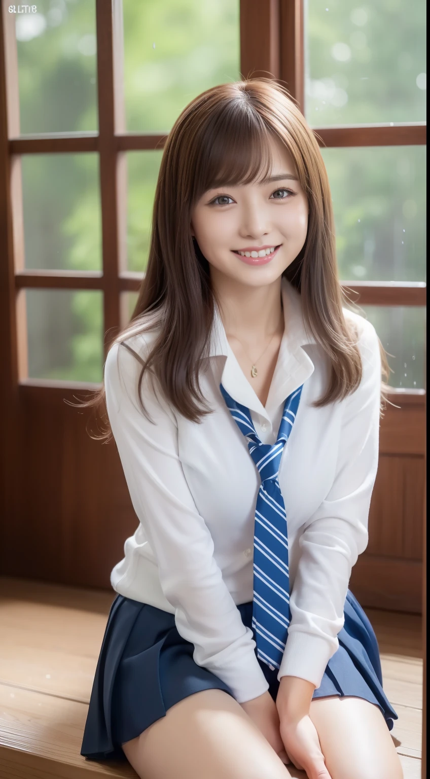 Cute smile、Moderate cleavage、Miniskirt in high school girl uniform、Open your legs、(Sit with your knees upright:1.4)、(Pose to show off your best thighs and panties:1.5)、Burnt skin:1.5、Absolute area、wetting hair、rainfall、woman model、A Japanese Lady、LE SSERAFIM、(8K、RAW Photos、top-quality、masterpiece:1.2)、(realisitic、Photorealsitic:1.37)、ultra-detailliert、超A high resolution、夏天