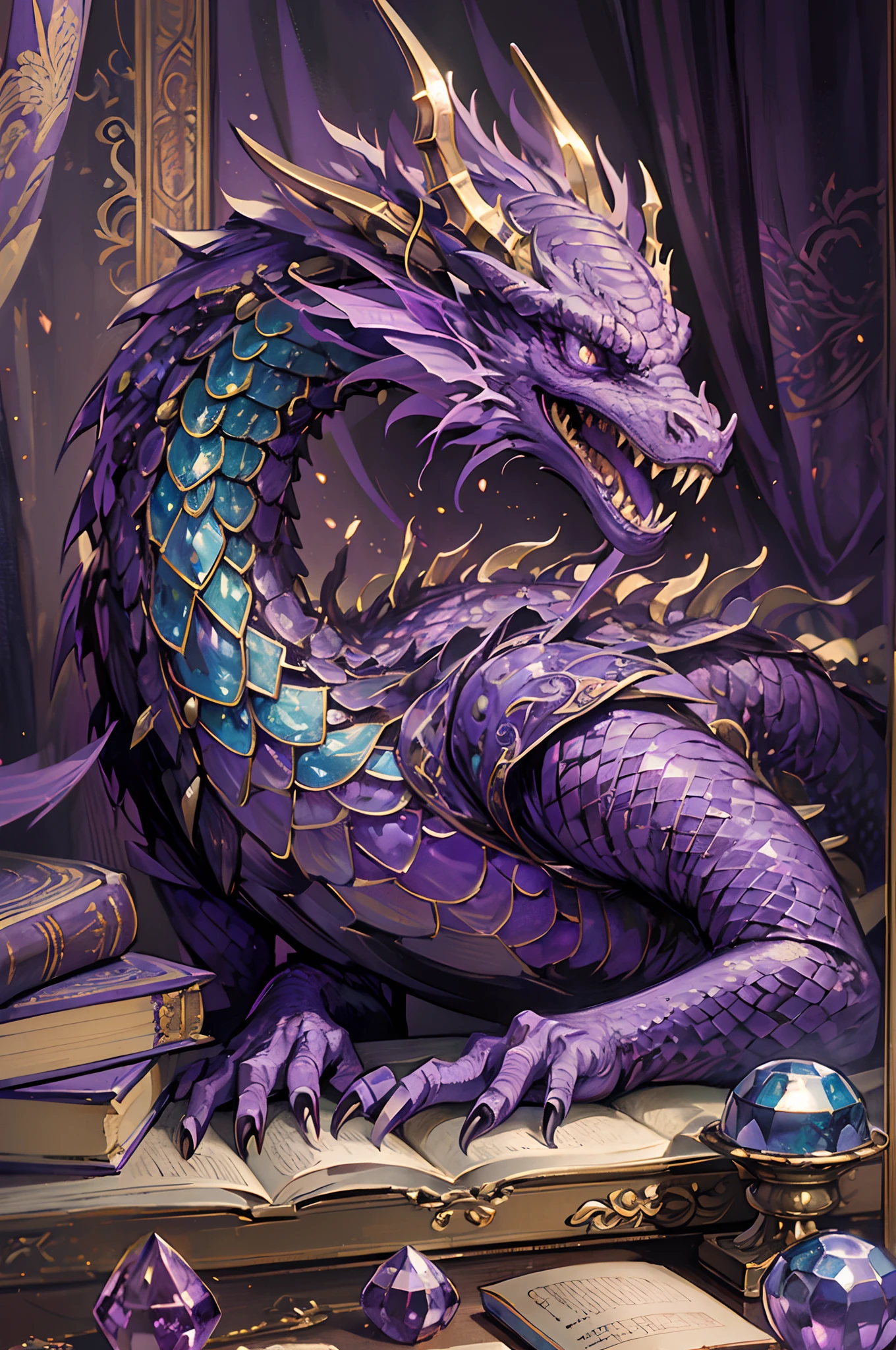 ((nobody)) 
Vintage Victorian style, Precise old encyclopedia (best quality:1.2), (detailed:1.2), (masterpiece:1.2), vintage illustrations of purple crysyal dragon, dragon made of crystals, gemstones, purple amethyst dragon, gemstone dragon