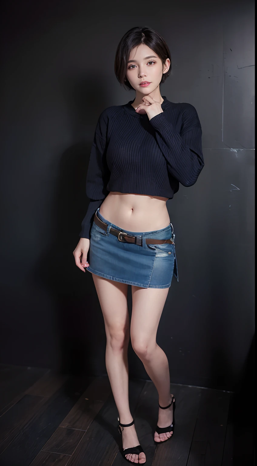 (masuter piece:1.3)、(8K、Photorealsitic、Raw photography、top-quality: 1.4)、(1girl in)、beautiful countenance、(Lifelike face)、(A dark-haired、short-hair:1.3)、Beautiful hairstyle、realisticeyes、Beautiful details、(real looking skin)、Beautiful skins、(Sweaters)、absurderes、enticing、超A high resolution、A hyper-realistic、high-detail、the golden ratio、((open abdomen))、((Mid-Riff Sweater))、、((Ultra-low rise、Denim Mini Skirt))、((Navel Ejection))、Full body depiction、