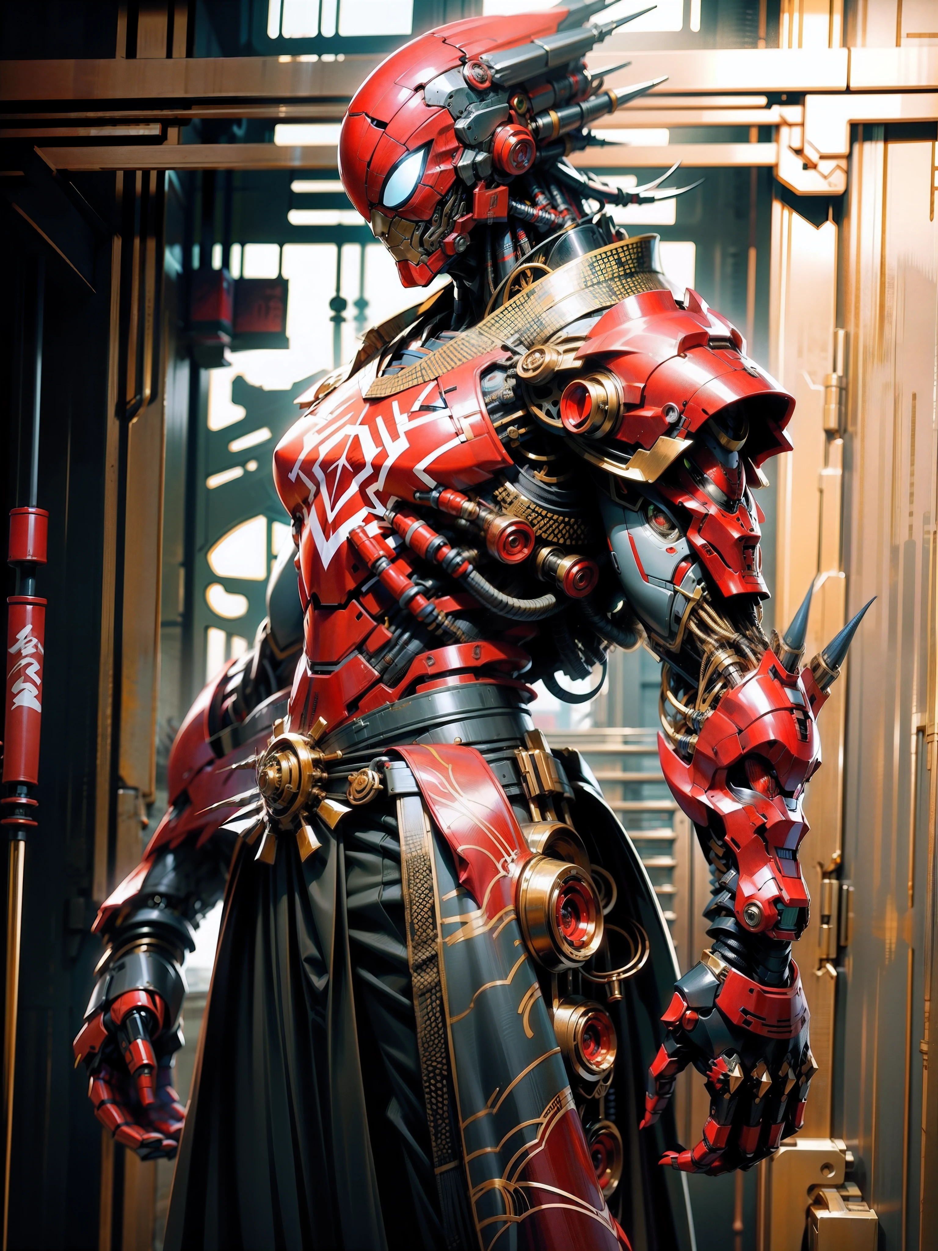 ((masterpiece)), ((best quality)), 8k, high detailed, ultra-detailed, mechanical spiderman head, wearing japanese traditional clothing, samurai element, black and red color, big mecha robot