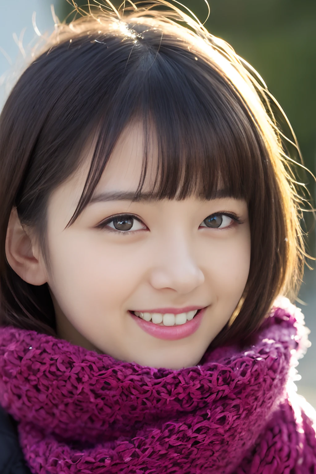 ((Show face only、Close-up of face、no-makeup))、(realisitic、Photorealsitic、ultra-detailliert、Highest Details Skins、top-quality、masterpiece、超A high resolution)、Cute Japan Woman、17 age、hi-school girl、younggirl、1 girl in、I have bangs、二重まぶた、drooing eyes、Large black eyes、Japanese style face、ssmile、Charming、purity、Straight face、double tooth、View here、Realistic skin type、Thick muffler、Grey muffler、fluffy hair、((Hair is inside the scarf:1.3))、Red cheeks、The wind is blowing、It's snowing、illuminations、Lighting from behind