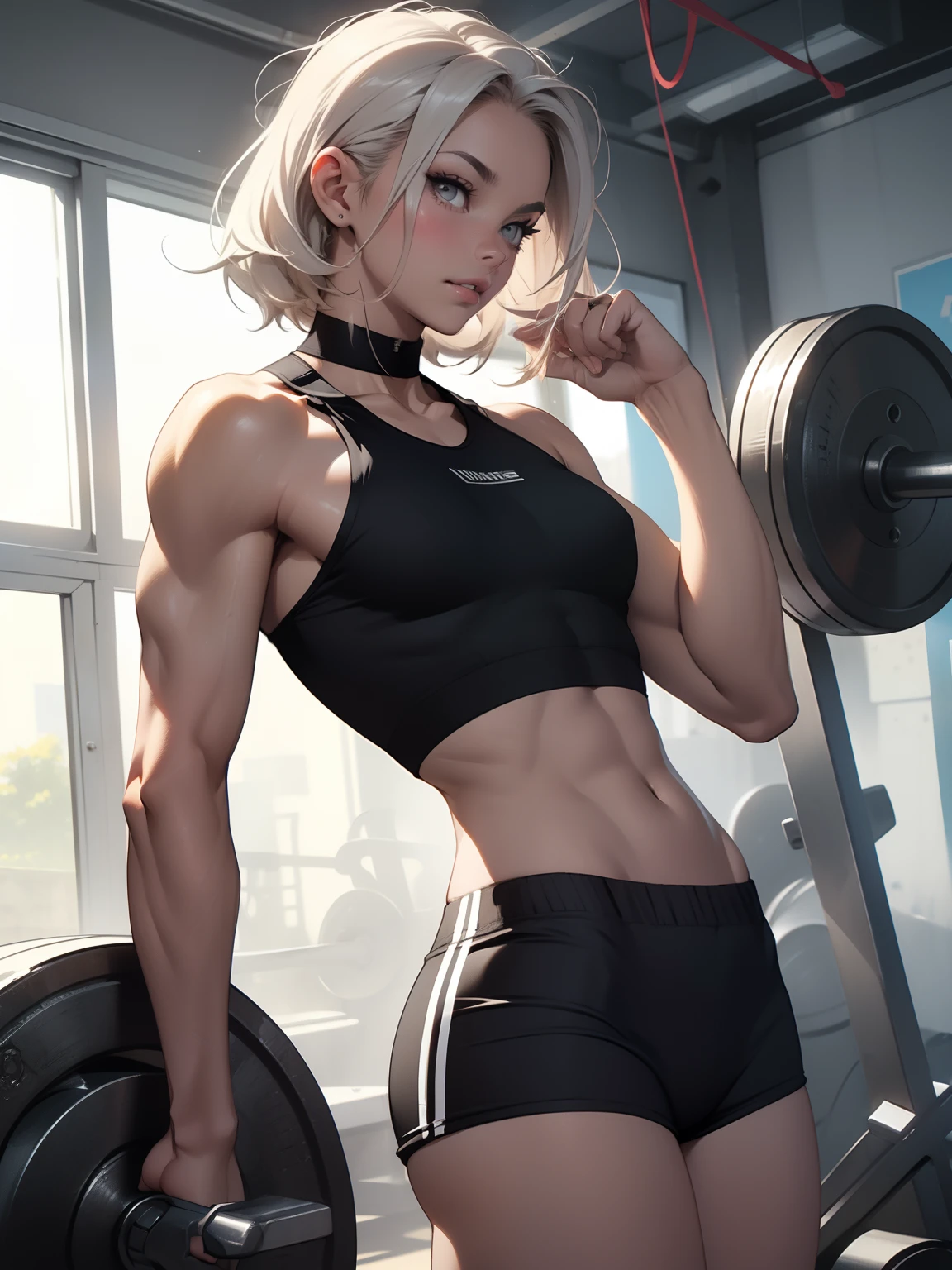 (best quality,4k,8k,highres,masterpiece:1.2),gym,fitness,selfie in front of the mirror,workout,perspiring,dripping sweat,mid-workout selfie,sportswear,sport gear,muscular,tone,toned body,strong physique,athletic,determination,resistance training,weightlifting,dumbbells,mirror reflection,focused,energetic,vibrant colors,intense lighting,strong contrast,energetic atmosphere,fit and healthy,exercise regimen,physical fitness,endurance,cardiovascular exercise, angel from the king of fighters, white hair, short hair.