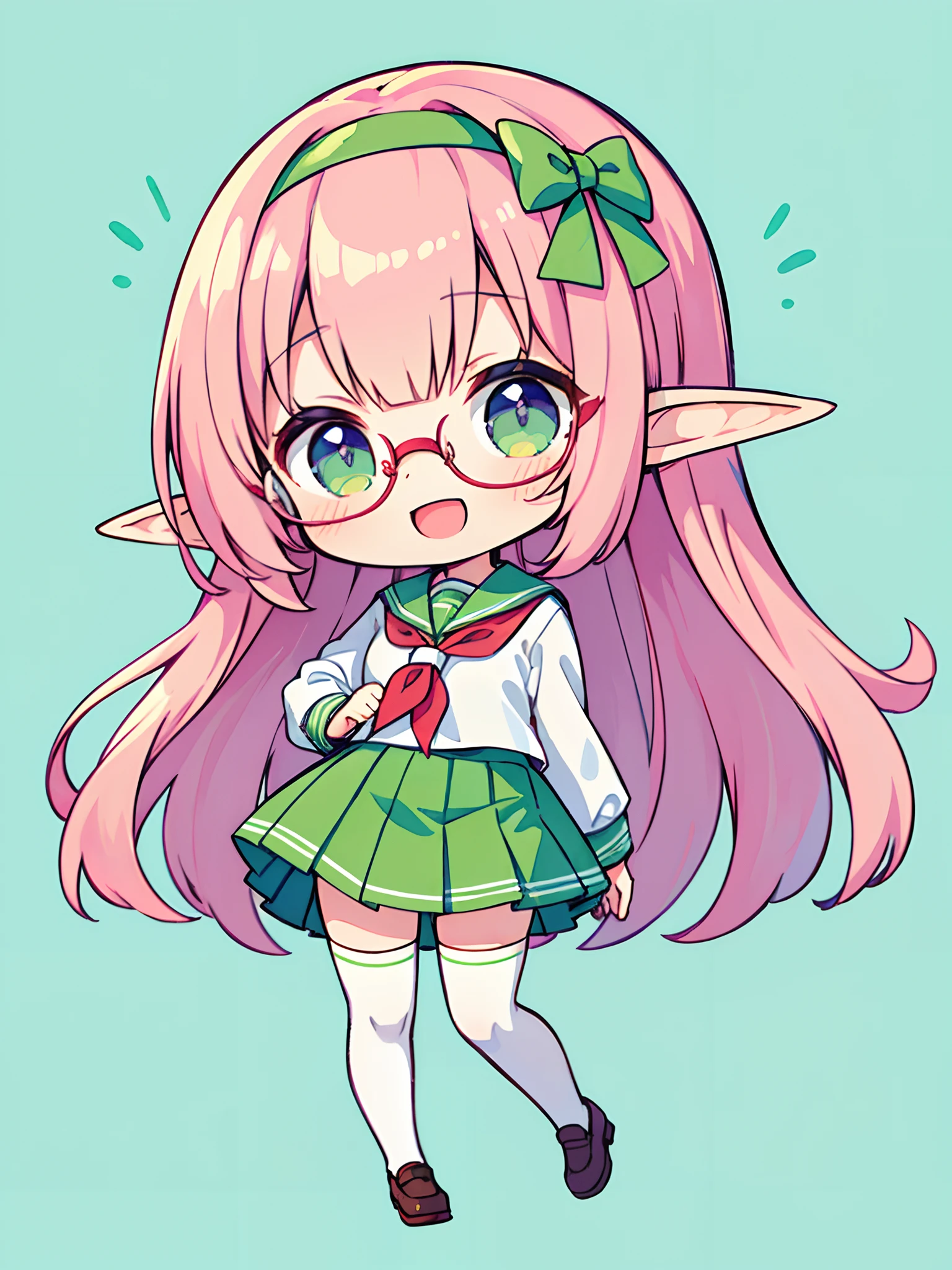 (masterpiece), (best quality), illustration, chibi, 1girl, solo, elf, full_body, pink hair, long hair, hime cut, glasses, green hairband, school uniform, white serafuku, green skirt, red neckerchief, white thighhighs, :d, ((simple background, pastel color, watercolor))