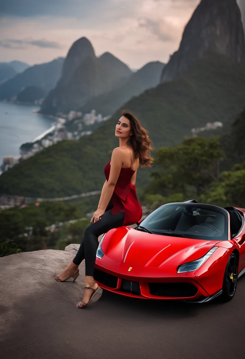 (Best quality, 8k, Masterpiece :1.2), hyper realistic, an red Ferrari 488 at a montain in the city of rio de janeiro Brazil, The Redeemer Christ at background, a beautifull brown hair girl looking at landscape
