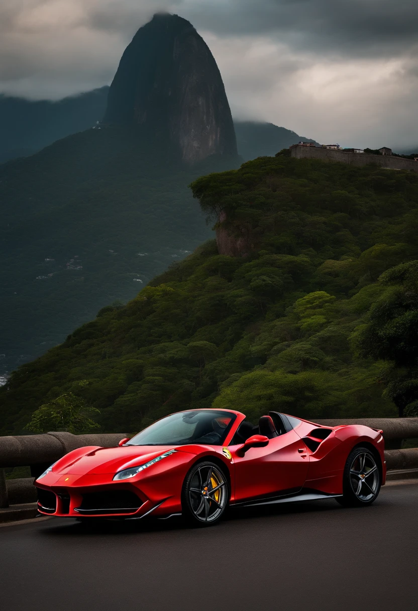 (Best quality, 8k, Masterpiece :1.2), hyper realistic, an red Ferrari 488 at a montain in the city of rio de janeiro Brazil, The Redeemer Christ at background, a beautifull brown hair girl looking at landscape