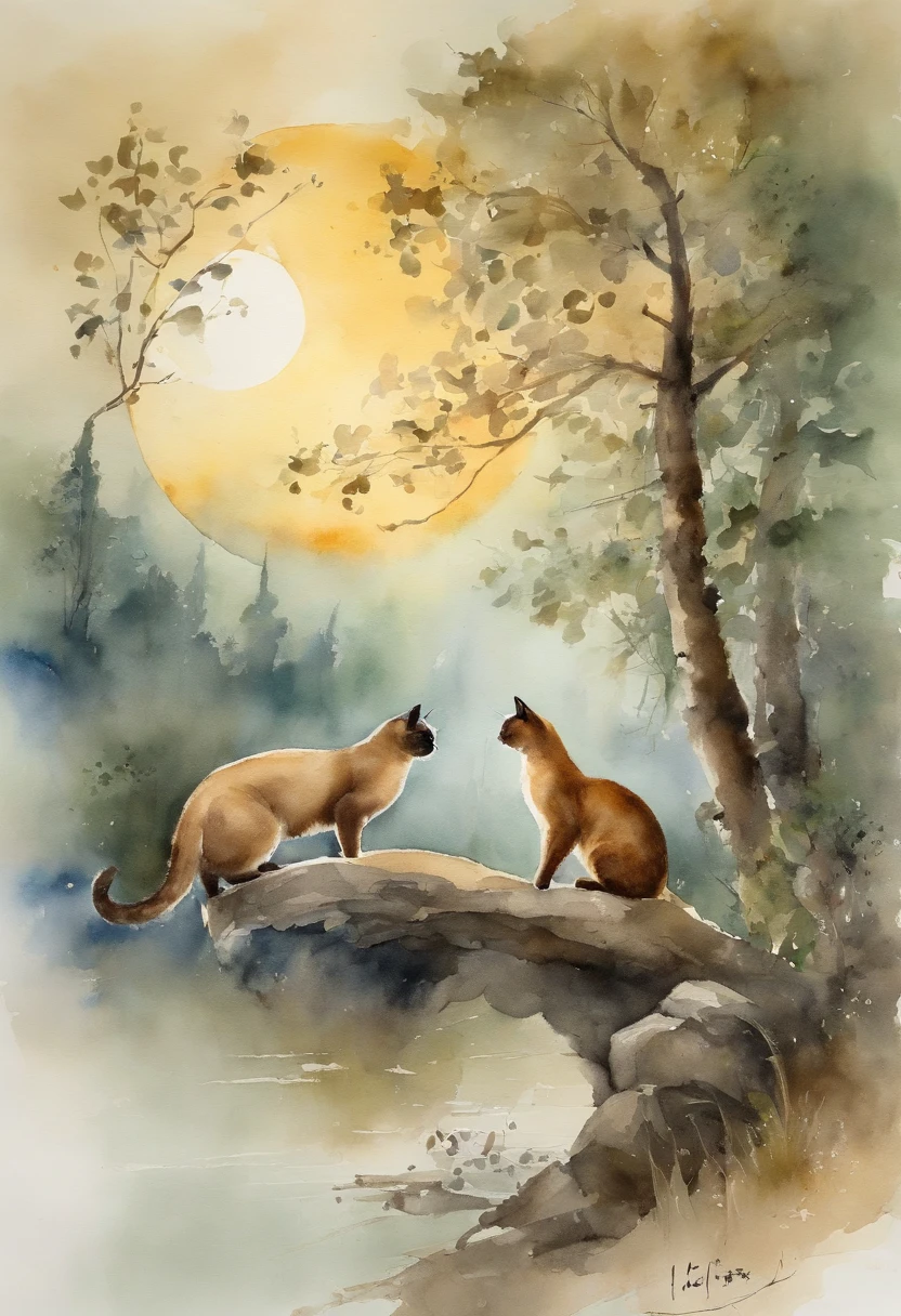 masterpiece、top-quality、morning、Siamese cat、middle aged man、a moon、the woods