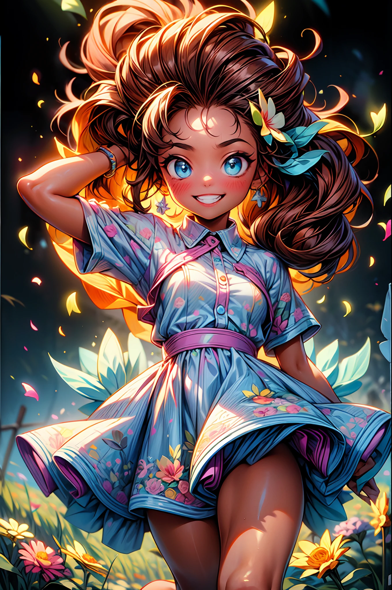 La mejor calidad, hermoso brillo detallado, ambient-occlusion, Luz ambiental, Reflejos trazados por rayos, Aura brillante, plano amplio, una feliz, A smiling 18-year-old brown-skinned girl running alongside a white rabbit across the prairie on a sunny day with the wind blowing, Short two-part dress with warm colored floral motifs and colorful flying flowers found throughout the meadow, muy colorido.