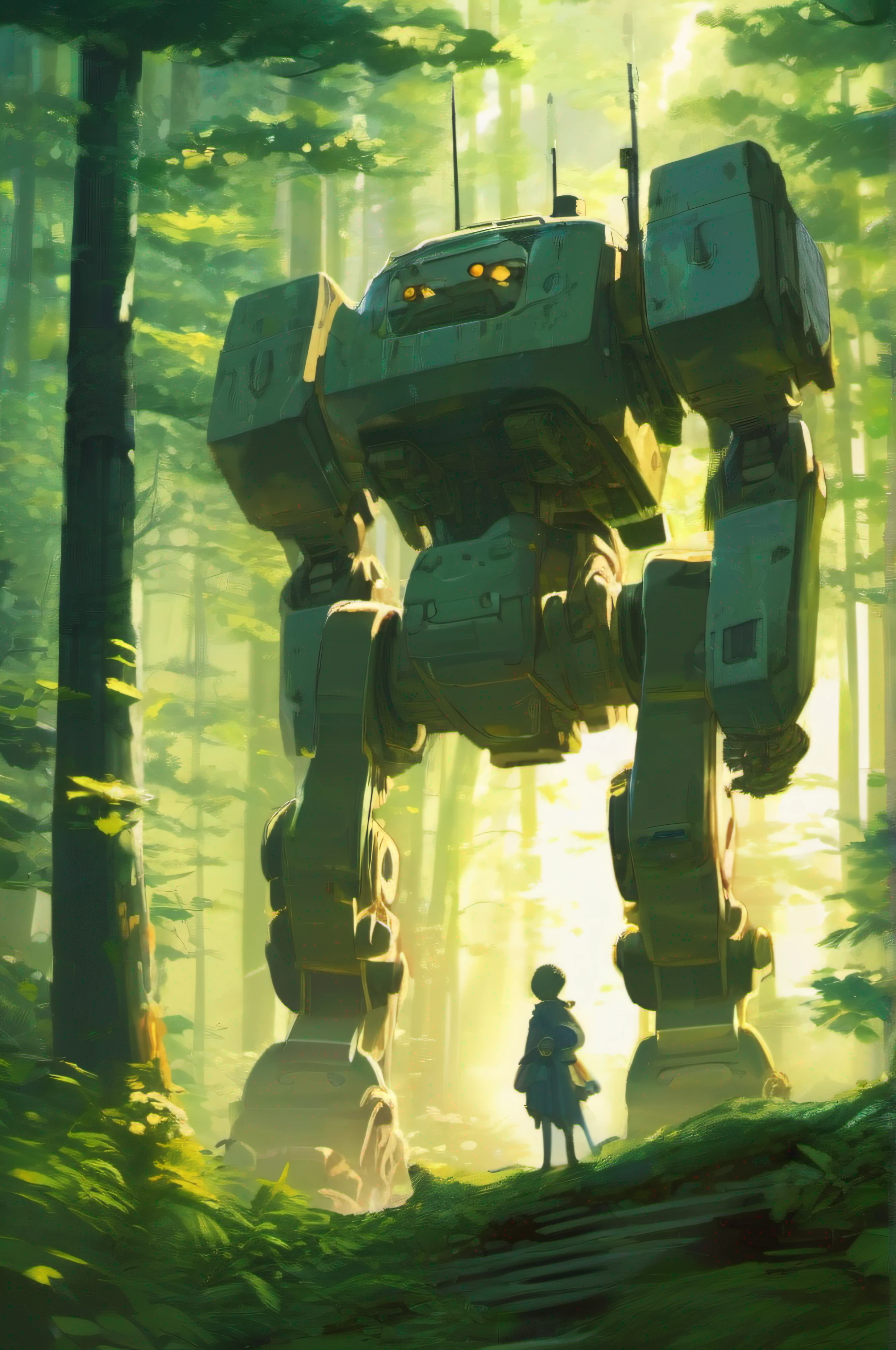 very detailed, high quality, forest mech, detailed beautiful background, sunrays, studio ghibli art style
