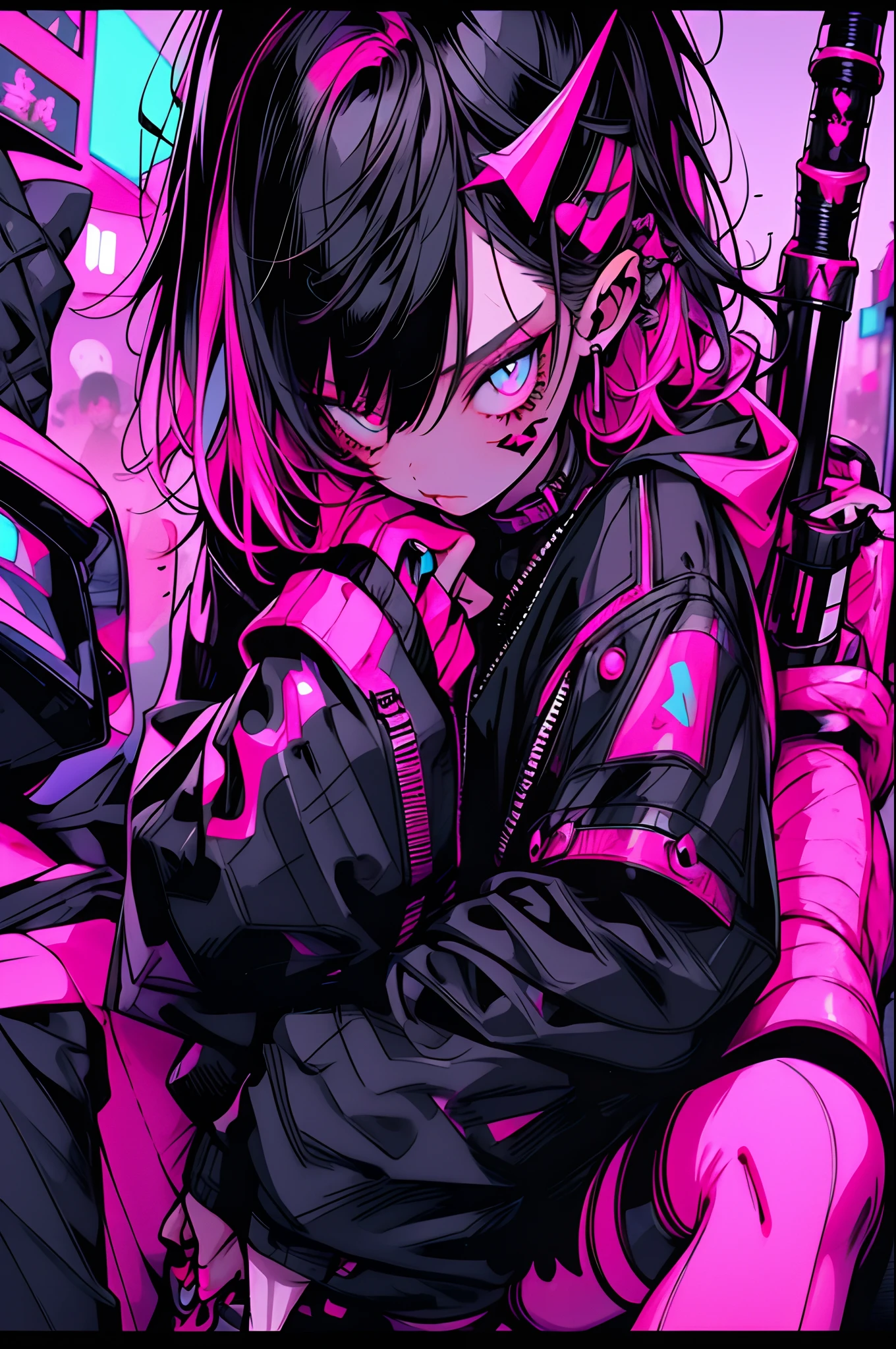 girl, pink long hair, cool black open short jacket, tatoos, messy fade cut hair, crazy, sit pose, on futuristic neon night street background,poser