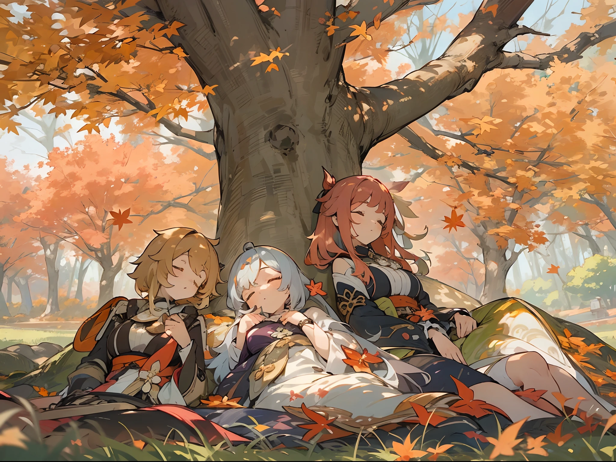 Genshin Impact, a group of girls sleeping under tree, maple forest, maple trees, beautiful scenery, elegant and beautiful, sound asleep