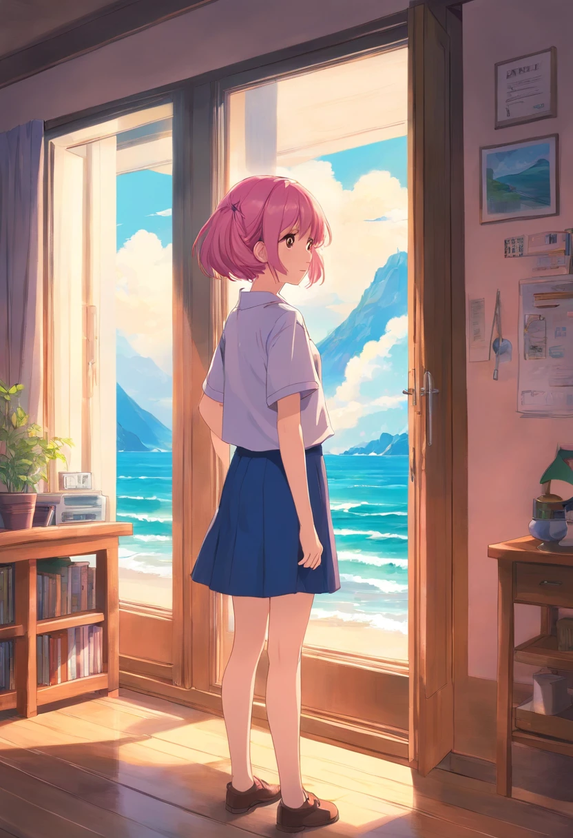 Create illustrations that represent captivating 2D anime scenes: A 4 year old girl with pink hair, Coastal view, Stand in front of the window of his house. Through the window, She observed an incredible landscape,Several people demonstrated superpowers. Make sure the girl faces the window, The window is high.