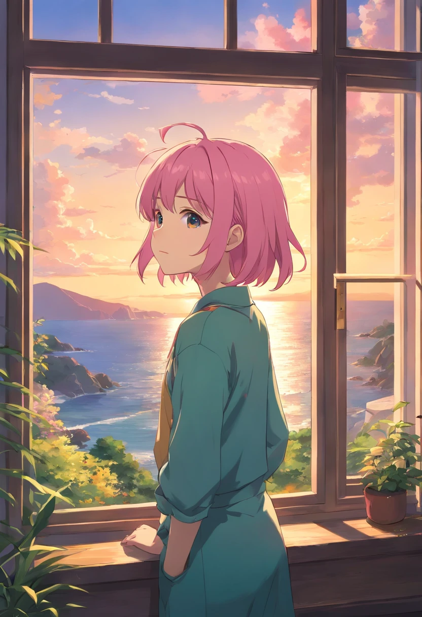 Create illustrations that represent captivating 2D anime scenes: A 4 year old girl with pink hair, Coastal view, Stand in front of the window of his house. Through the window, She observed an incredible landscape,Several people demonstrated superpowers. Make sure the girl faces the window, The window is high.