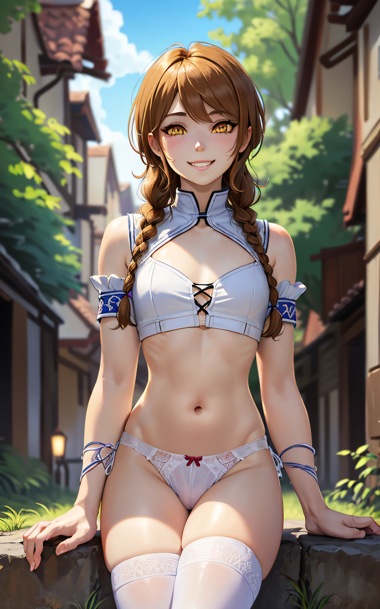 (Felix Argyle Re:Zero kara Hajimeru Isekai Seikatsu):1.3), ((yellow eyes, detailed eyes, brown hair, braid, long braid, white details on bangs, smile), ((detailed , bulge in panties, crop top, midriff, )), outdoors, (france medieval, fantasy), ((illustration)), (mature male, feminine male, femboy), (((masterpiece))), (realistic:0.7), best quality,femboy, otoko no ko, feminine male, 1woman, solo, mature otoko no ko, ((flat chest)),  16k, UHD, max quality, Max Resolution, ultra realistic, ((ultra detalhado):1), ((perfect_hands, perfect_fingers))