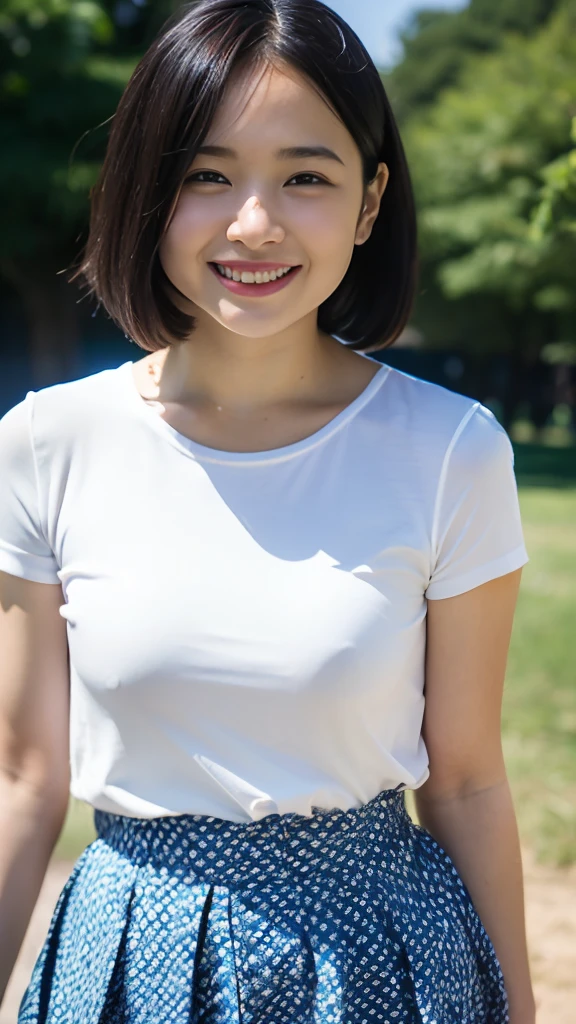 (BEST QUALITY, MASTER PIECE, ULTRA HIGH RESOLUTION, (PHOTOREALISTIC:1.4), RAW PHOTO), 1girl, -yeld, (urned ass, beautiful and small buttocks), (amazingly Cute and babyish favery cute smile, Black hair),wearing poro shirts and pleated mini skirt, skirt lift, Sunny Outdoors, Stand and pose romantically