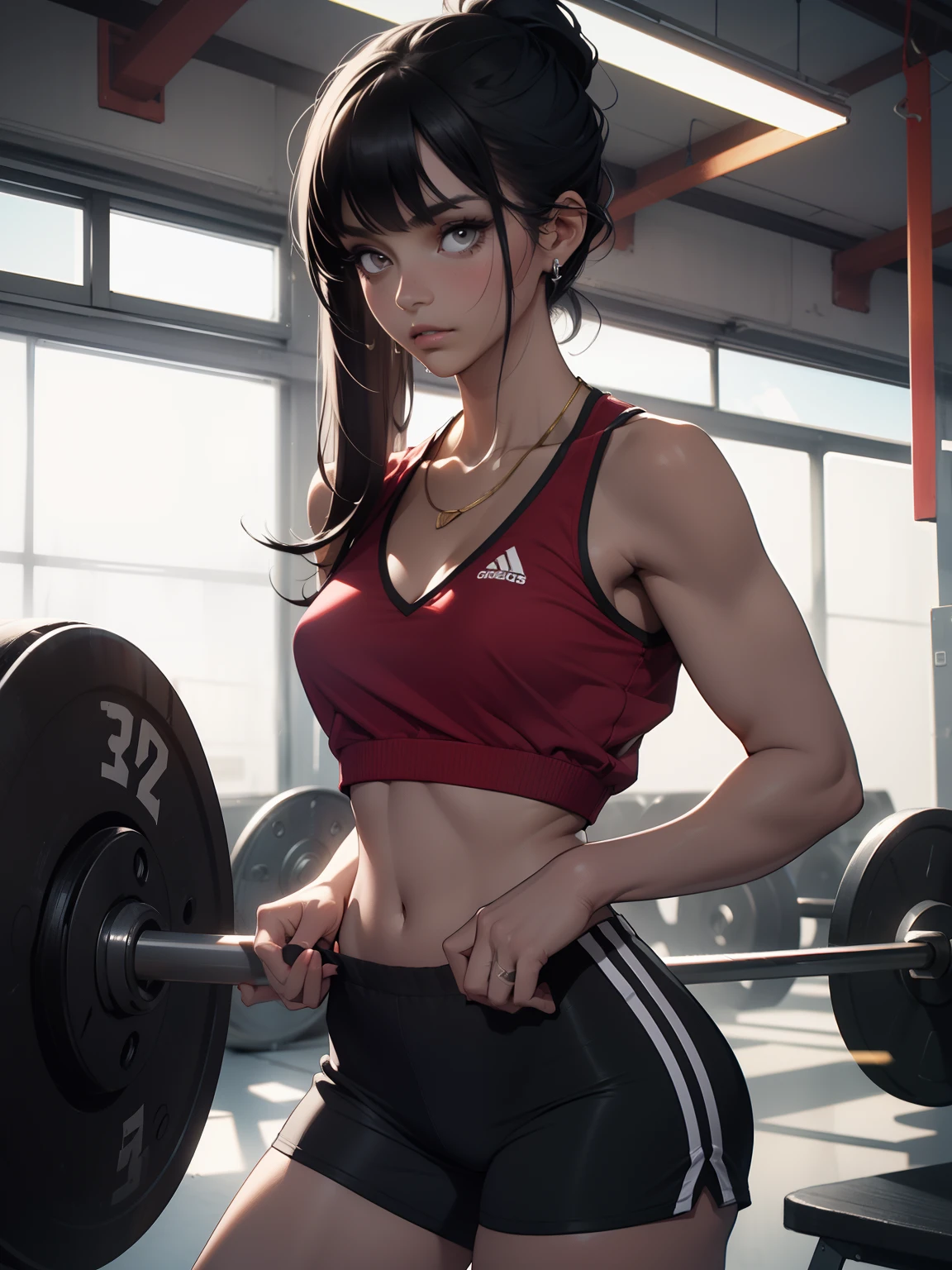 Alafed asian woman in black sports bra top and red Bike Shorts, (one quarter topless:1.3),(flat chest),, (Chiseled abs : 1.1),nipples visible through clothes,Cameltoe,Chun-Li at the gym, (gym training),Yoshitomo Nara, flushed and sweaty, Aoi Ogata, Chiho Aoshima, Japan model, Omina Tachibana, Koji Ayami, sweat, Yuka Kazami