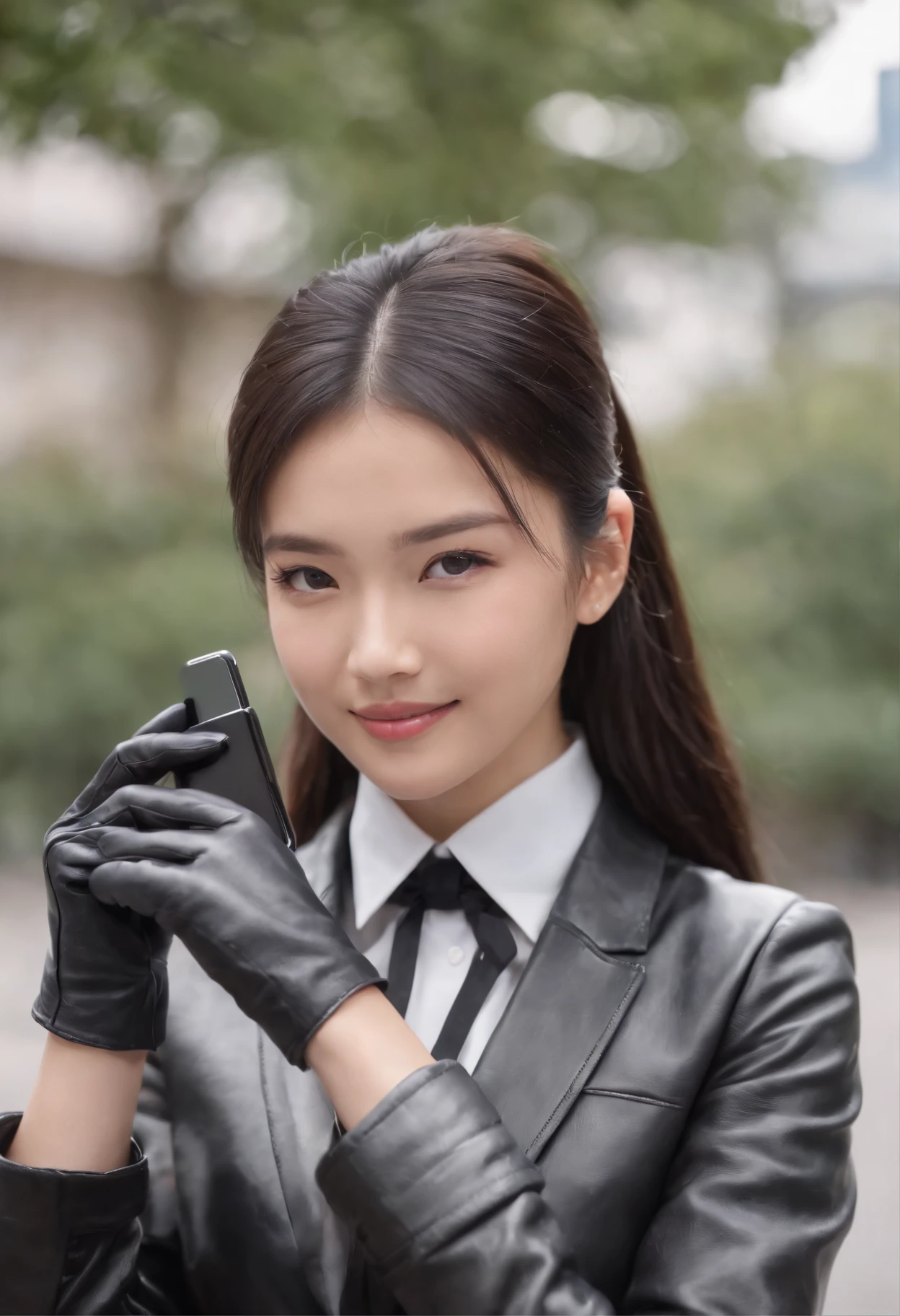 lack leather gloves in both hands, blazer and ribbon uniform, black hair ponytail, upper body, conversation with a smile with a black smartphone, cute Japanese girl (black leather gloves covering both hands) traveling alone