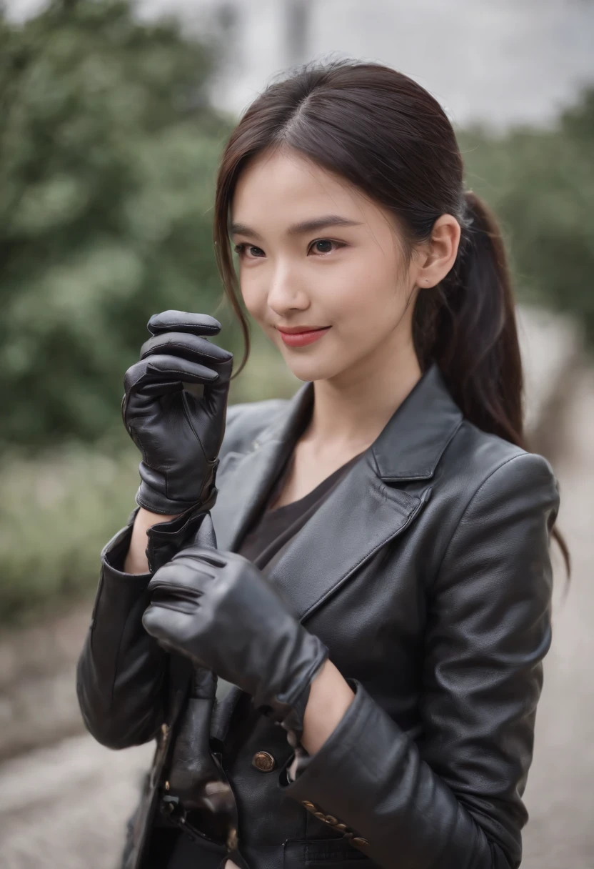 lack leather gloves in both hands, blazer and ribbon uniform, black hair ponytail, upper body, conversation with a smile with a black smartphone, cute Japanese girl (black leather gloves covering both hands) traveling alone
