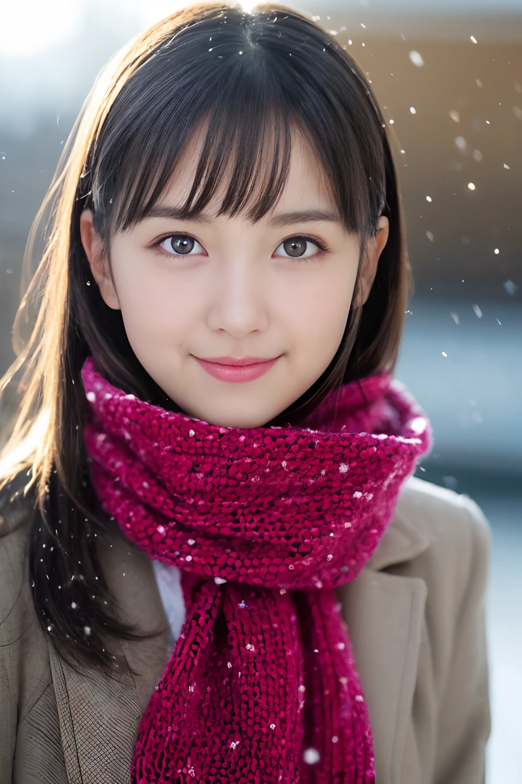 ((Show face only、Close-up of face、no-makeup))、(realisitic、Photorealsitic、ultra-detailliert、Highest Details Skins、top-quality、​masterpiece、超A high resolution)、Cute Japan Woman、17 age、hi-school girl、younggirl、1 girl in、I have bangs、二重まぶた、drooing eyes、Large black eyes、Japanese style face、ssmile、Charming、purity、Straight face、double tooth、View here、Realistic skin type、Thick muffler、Grey muffler、fluffy hair、((Hair is inside the scarf:1.3))、Red cheeks、The wind is blowing、It's snowing、illuminations、Lighting from behind