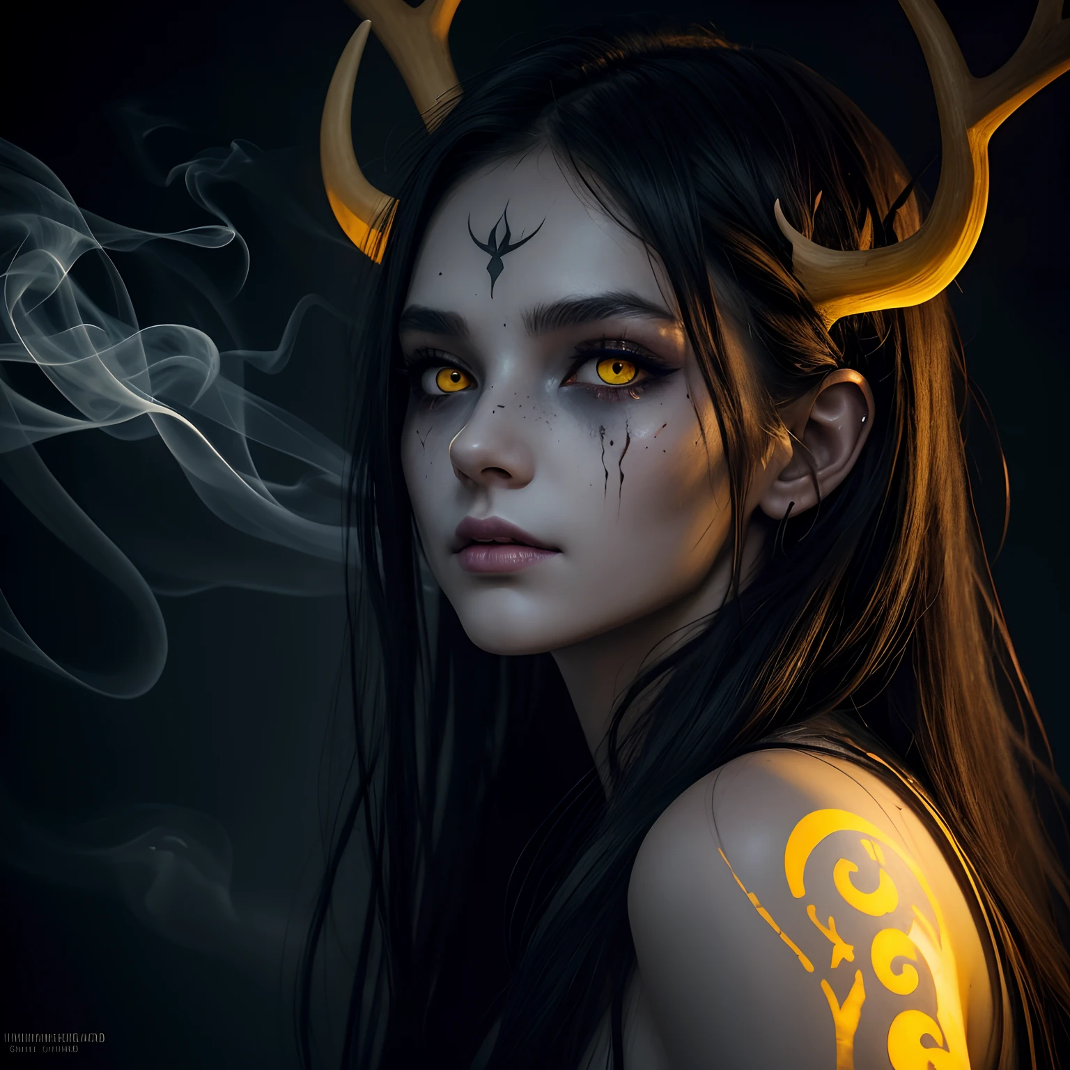 dark, unholy, evil, astral, creepy style, undead, rotting skin, mystical, nice perfect face with soft skin, young beautiful girl portrait from side, smoke, mist, night, long hair, antlers, yellow glow, yellow eyes, void