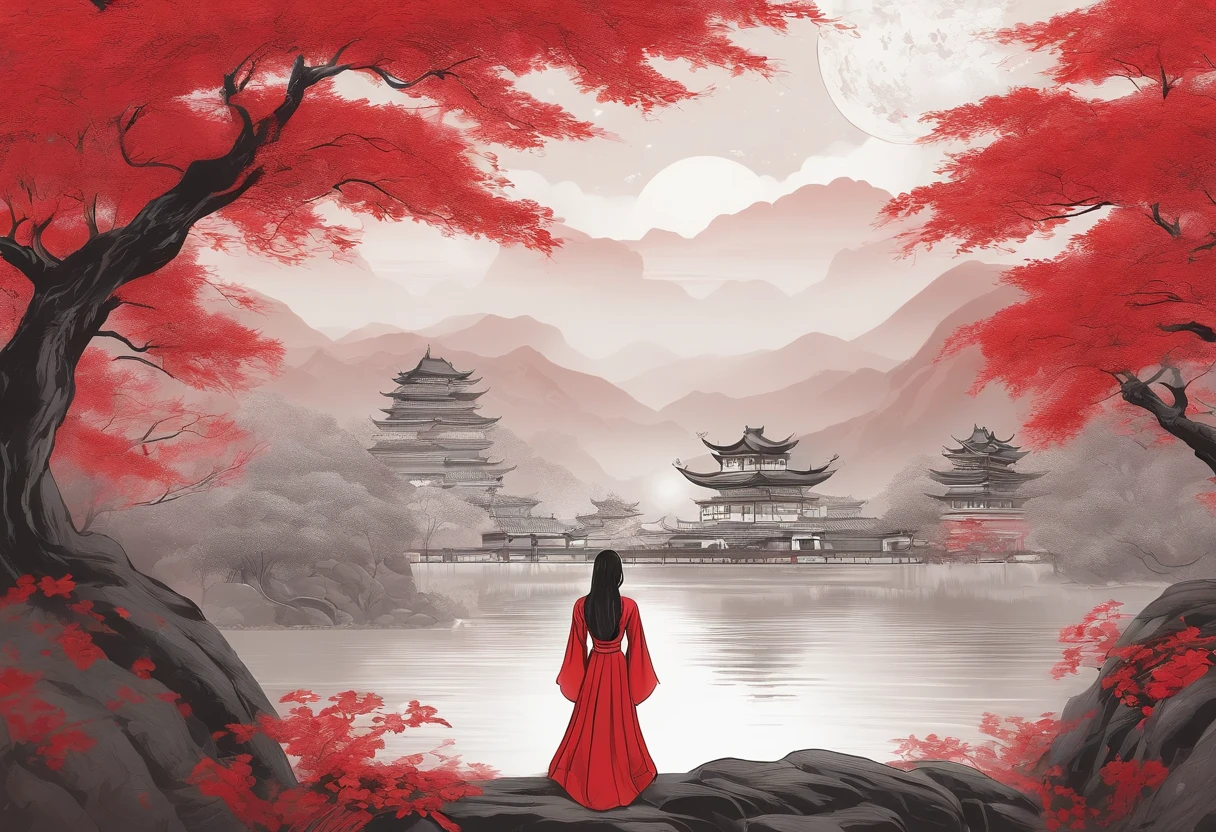 One,in a red dream world, A beautiful artwork illustration, There is a red poster，There is a phoenix on it，themoon，Pictures of pagodas and flowers
Painting of a woman with long hair and a bridge, inspired by Tawaraya Sōtatsu, extremely fine ink lineart, clean lineart, bold lineart, stylized linework, anime city lineart, clean ink detailed line drawing, inspired by Sōami, Outline sketch, perfect lineart, linear art, intricate line art, clean linework