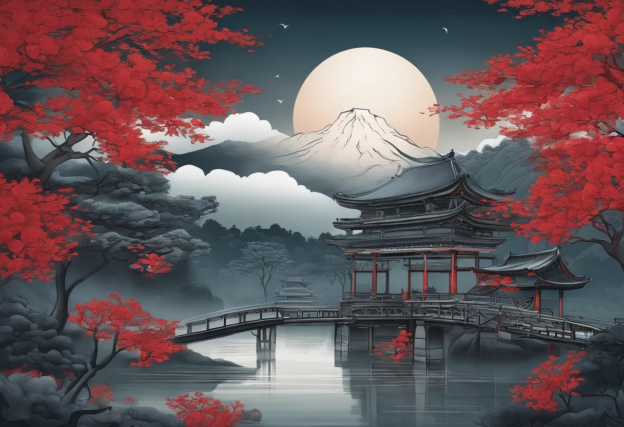 One,in a red dream world, A beautiful artwork illustration, There is a red poster，There is a phoenix on it，themoon，Pictures of pagodas and flowers
Painting of a woman with long hair and a bridge, inspired by Tawaraya Sōtatsu, extremely fine ink lineart, clean lineart, bold lineart, stylized linework, anime city lineart, clean ink detailed line drawing, inspired by Sōami, Outline sketch, perfect lineart, linear art, intricate line art, clean linework