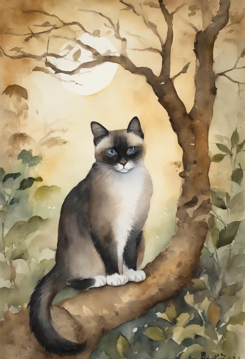 masterpiece、top-quality、morning、Siamese cat、middle aged man、a moon、the woods