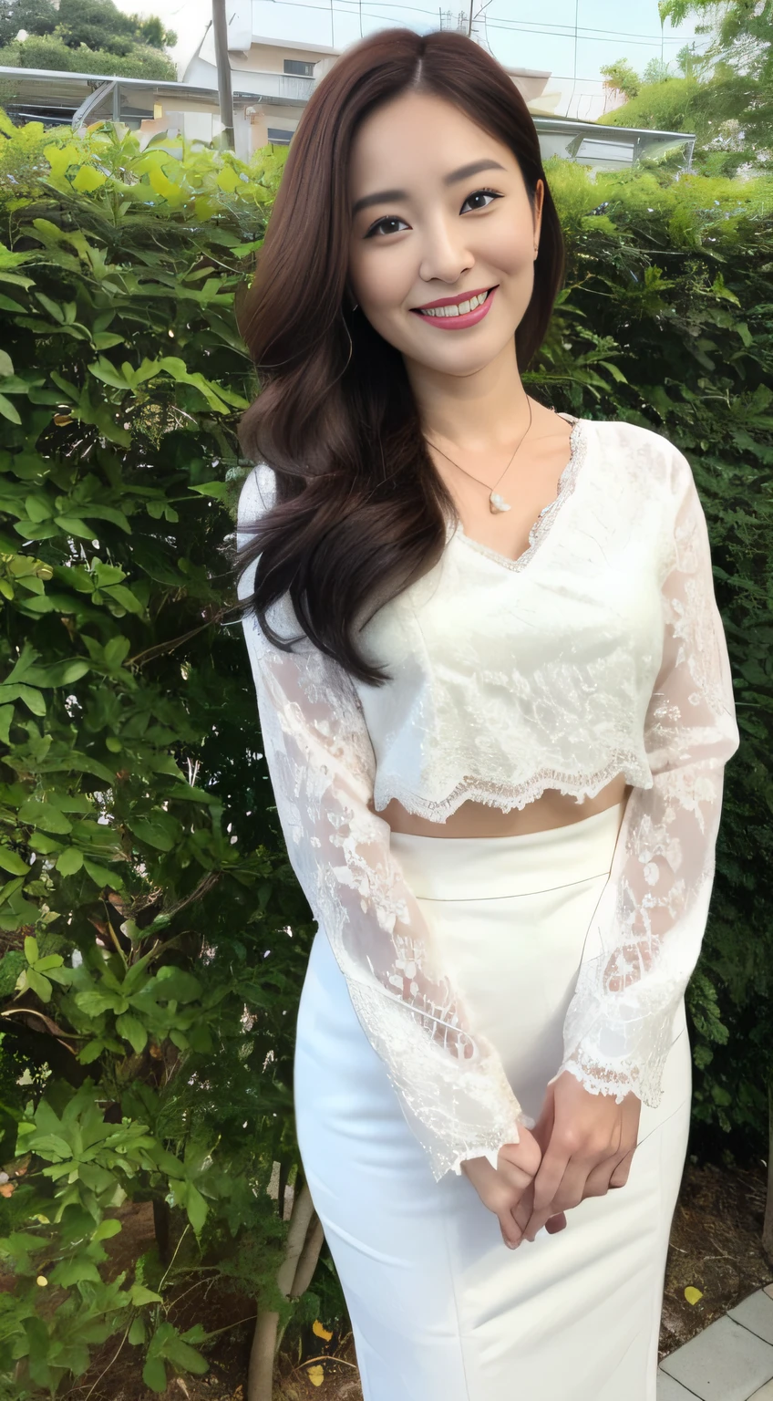 ((中景 the scene is、A half body))，((top-quality、8K、tmasterpiece:1.3))、foco nítido, high-level image quality, A high resolution, Portrait, Solo, Middle-aged woman, Beautuful Women, 45 yers old, plump,Wavy hairstyles,  Garden background， Wrinkles at the corners of the eyes, mesmerizing looks, ssmile、Teethless，nedium breasts：1.2、Colossal tits、nipple piercing、a necklace、Visible nipple、Crewneck lace top，Both hands are lowered，standing on your feet：1.2，orthofacial，Complete fingers，perfect bodies