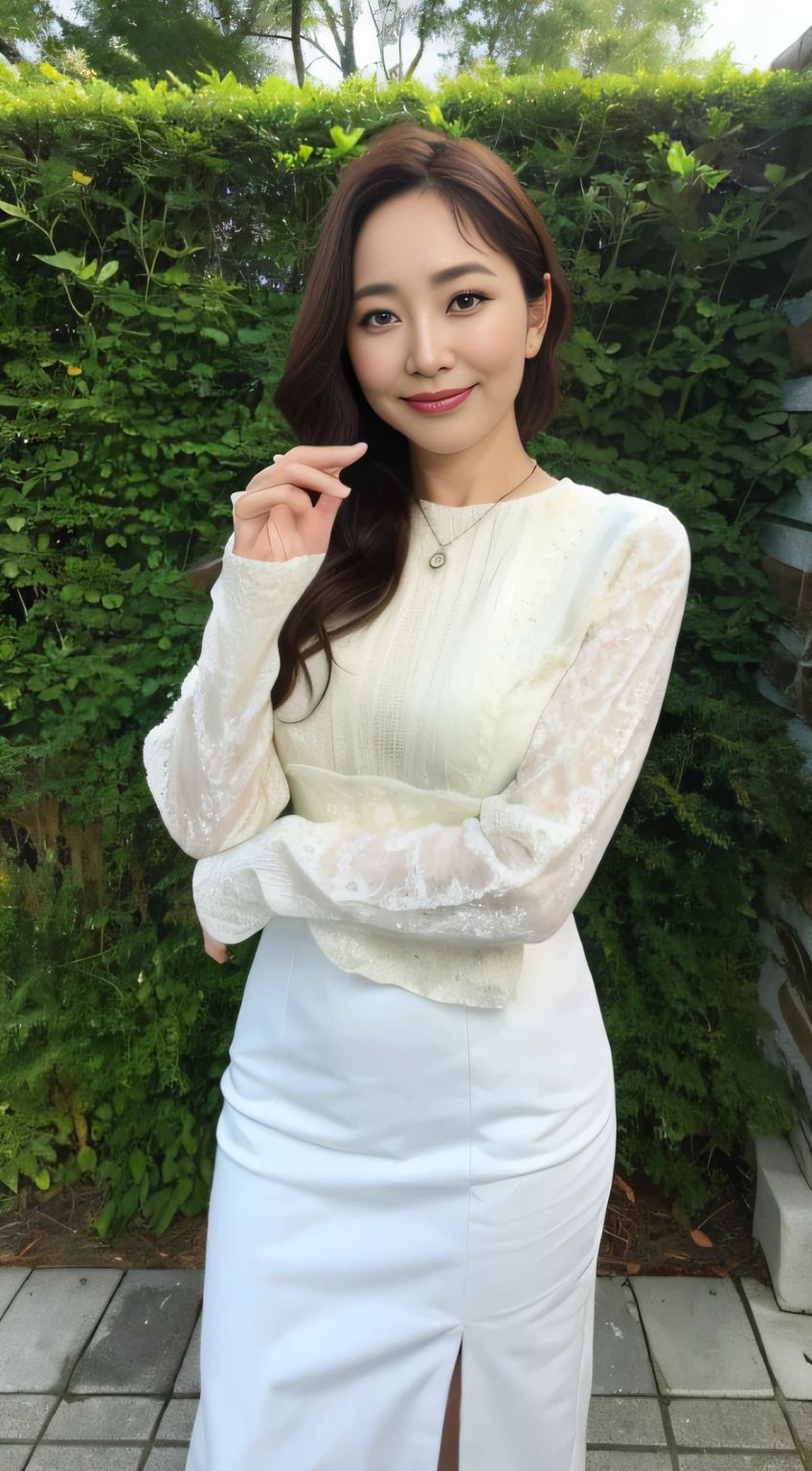 ((中景 the scene is、A half body)),((top-quality、8K、tmasterpiece:1.3))、foco nítido, high-level image quality, A high resolution, Portrait, Solo, Middle-aged woman, Beautuful Women, 45 yers old, plump,Wavy hairstyles, Garden background, Wrinkles at the corners of the eyes, mesmerizing looks, ssmile:1.2,nedium breasts:1.2、Colossal tits、nipple piercing、a necklace、Visible nipple、Crewneck lace top,Both hands are lowered,standing on your feet:1.2,orthofacial,Complete fingers,perfect bodies