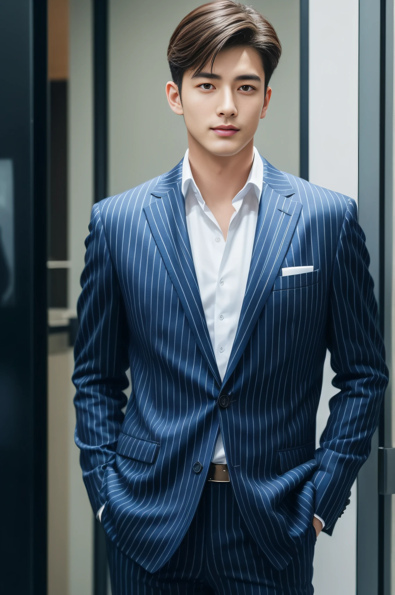 20-year-old refreshingly handsome new employee、　（Super cool S-class guy in a suit）、　Japan boys at 20 years old、　businessman、　Ultra-luxury suits、　Striped suit、　s Office、　Stand in a suitＳYoung handsome man、　Full body photo、　（Highly detailed photos of CG Unity 8K）、　（A highly detailedＳHandsome man in class）、　（Photo Real）、　　（（top-quality））、　ultra-detailliert、　（​masterpiece）、　An ultra-high picture quality、　tall、　viewer、　Gentle man、　Very beautiful hair、　Bright photo、　Handsome like a model、　Handsome like an idol、　Luxury Watches,