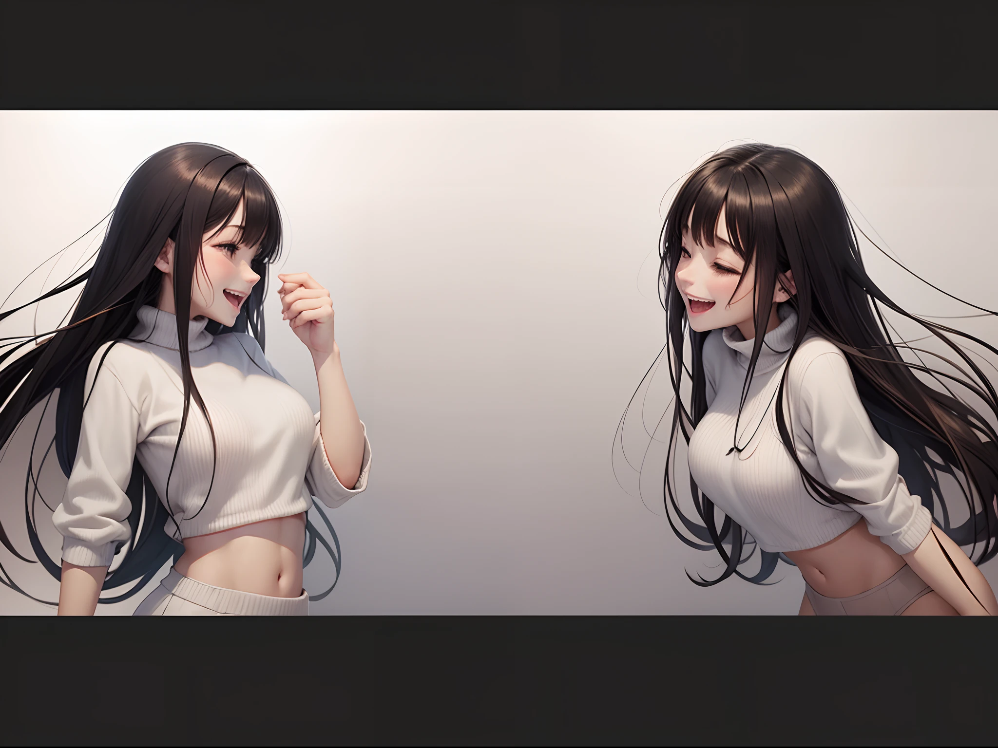 ,A dark-haired,[[[White sweater]]],Surprised,Laughing