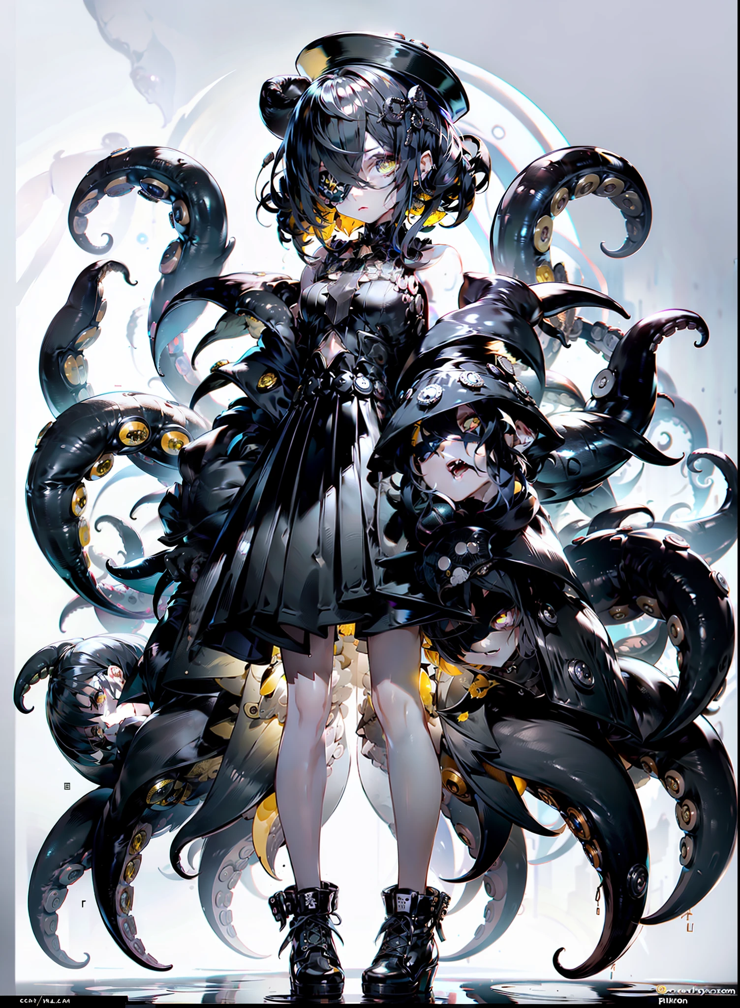 A girl wearing a gothic dress. she is in a black dress. One of her hands has become a scorpion's pincers. Scorpion's tail. Silver hair. eye patch. Eyepatch. One of her eyes is covered. mini skirt. black boots. Yellow eyes. Yellow crystal hair accessory. black umbrella A small top hat on her head. many wings. Full body image.