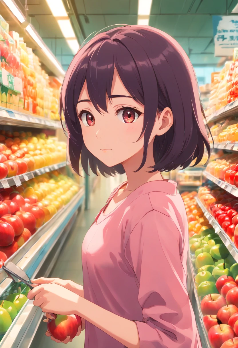 jovem mulher,loira,cabelos amarados,olhos azuis,vestido vermelho,supermercado,Buying Apples,sorrindo,usando batom rosa,HDR,Full HD,Cinematic,imagem detalhada
