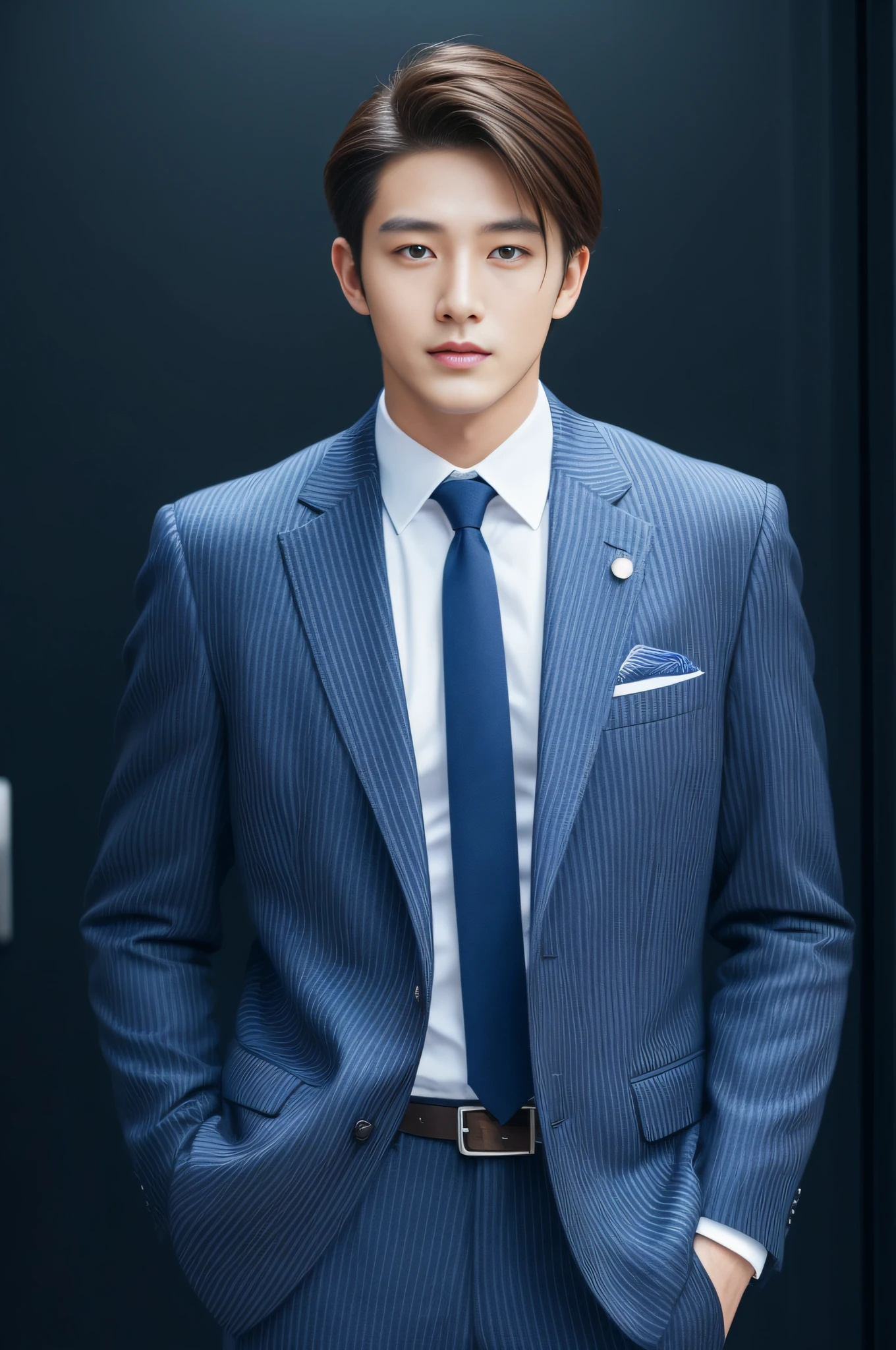 20-year-old refreshingly handsome new employee、 (Super cool S-class guy in a suit)、 Japan boys at 20 years old、 businessman、 Ultra-luxury suits、 Striped suit、 s Office、 Stand in a suitSYoung handsome man、 Full body photo、 (Highly detailed photos of CG Unity 8K)、 (A highly detailedSHandsome man in class)、 (Photo Real)、 ((top-quality))、 ultra-detailliert、 (masterpiece)、 An ultra-high picture quality、 tall、 viewer、 Gentle man、 Very beautiful hair、 Bright photo、 Handsome like a model、 Handsome like an idol、 Luxury Watches、 Cool belt