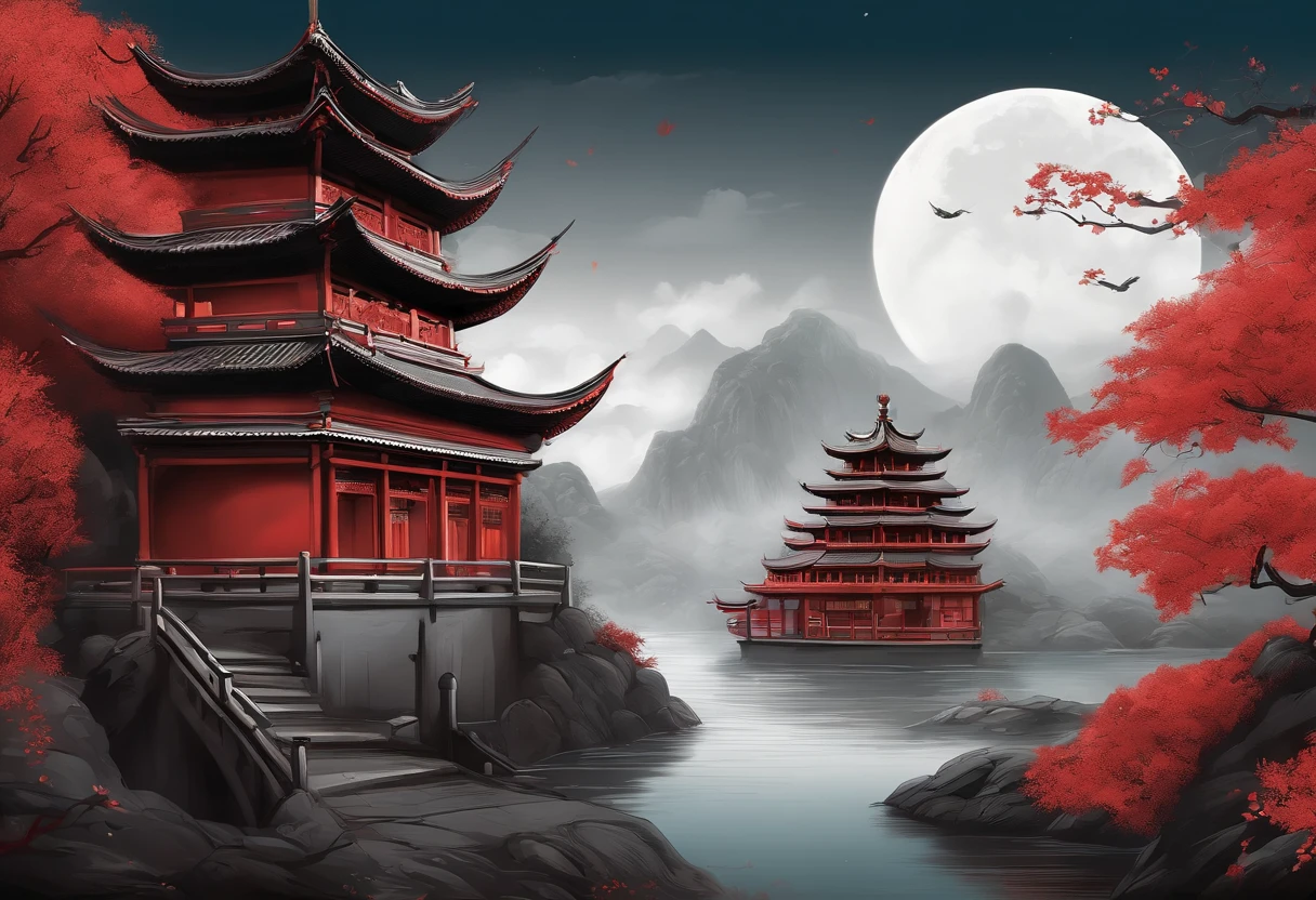 One,in a red dream world, There is a red poster,There is a phoenix on it,fenghuang,Auspicious clouds,themoon,Picture of pagoda and flowers Painting of a woman with long hair and a bridge, China-style, extremely fine ink lineart, clean lineart, bold lineart, stylized linework, anime city lineart