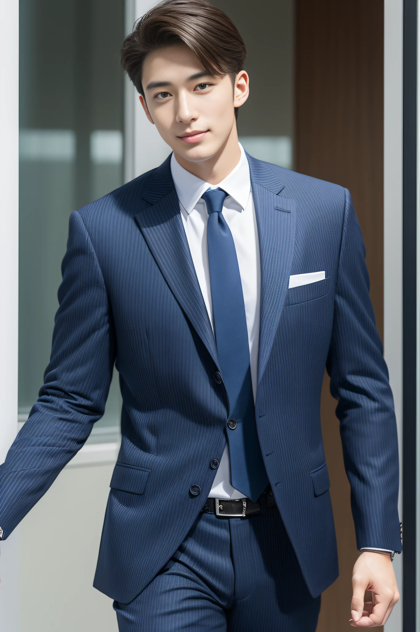 20-year-old refreshingly handsome new employee、　（Super cool S-class guy in a suit）、　Japan boys at 20 years old、　businessman、　Ultra-luxury suits、　Striped suit、　s Office、　Stand in a suitＳYoung handsome man、　Full body photo、　（Highly detailed photos of CG Unity 8K）、　（A highly detailedＳHandsome man in class）、　（Photo Real）、　　（（top-quality））、　ultra-detailliert、　（​masterpiece）、　An ultra-high picture quality、　tall、　viewer、　Gentle man、　Very beautiful hair、　Bright photo、　Handsome like a model、　Handsome like an idol、　Luxury Watches、　Cool belt