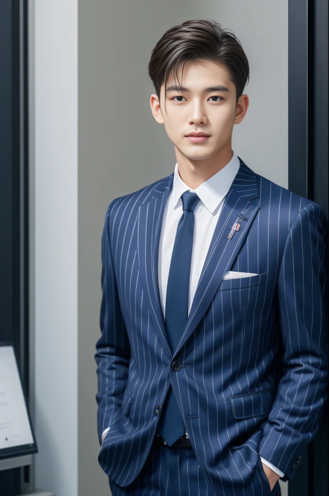 20-year-old refreshingly handsome new employee、　（Super cool S-class guy in a suit）、　Japan boys at 20 years old、　businessman、　Ultra-luxury suits、　Striped suit、　s Office、　Stand in a suitＳYoung handsome man、　Full body photo、　（Highly detailed photos of CG Unity 8K）、　（A highly detailedＳHandsome man in class）、　（Photo Real）、　　（（top-quality））、　ultra-detailliert、　（​masterpiece）、　An ultra-high picture quality、　tall、　viewer、　Gentle man、　Very beautiful hair、　Bright photo、　Handsome like a model、　Handsome like an idol、　Luxury Watches、　Cool belt