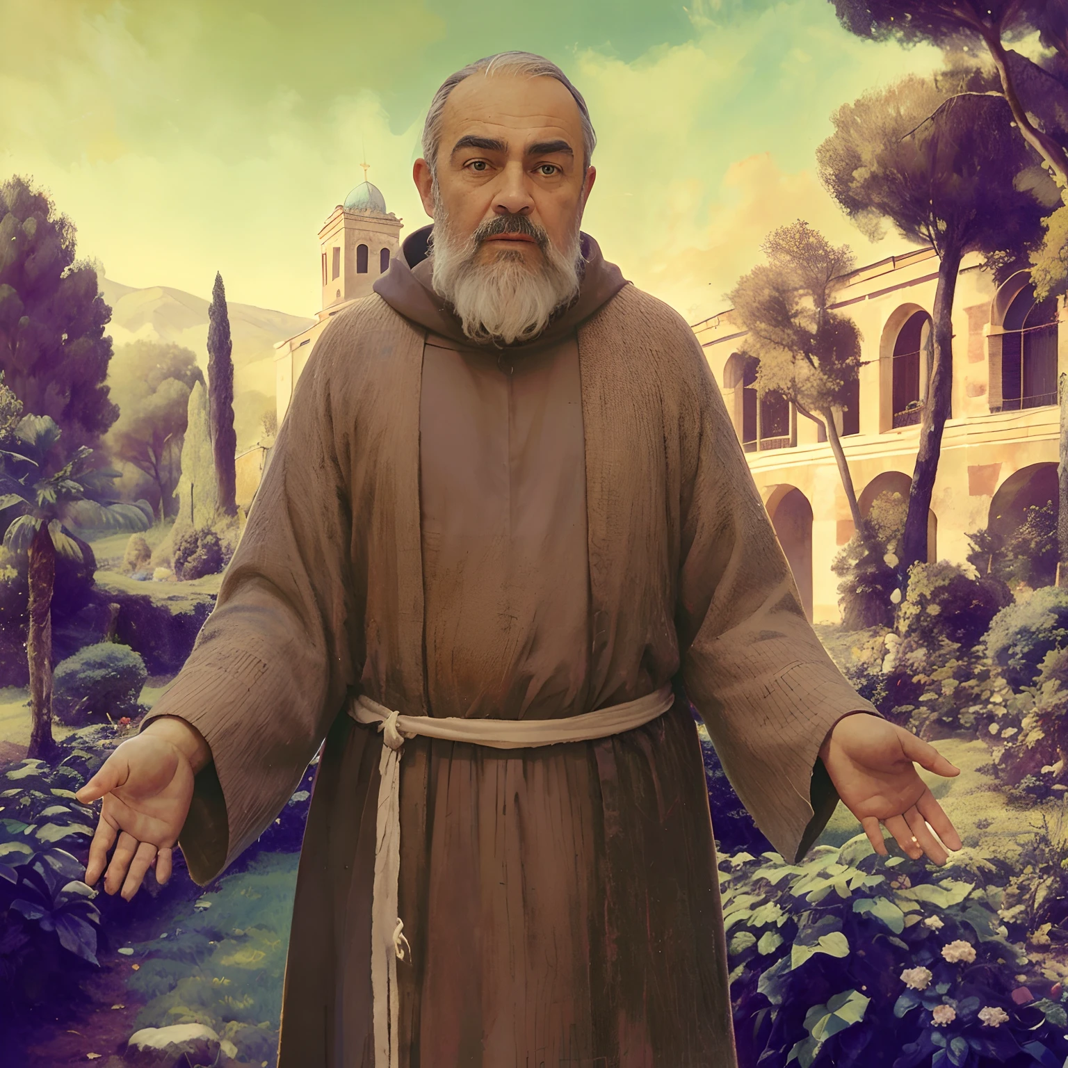 imagem realista de Padre Pio,  monge com barba e barba branca, inspirado em Taddeo Gaddi, inspirado em Agnolo Gaddi, inspirado por Francisco Helps, Alexey Egorov, inspirado em John F. Francisco, santo, fan art, inspirado em Cagnaccio di San Pietro, arte conceitual de um monge, christian saint rosace