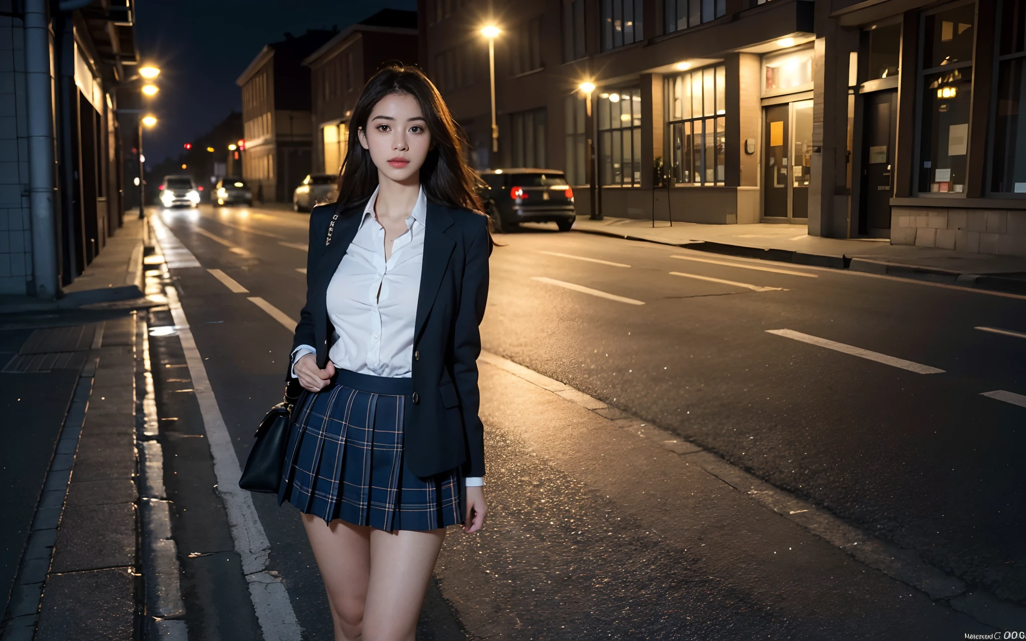 Best quality, masterpiece, ultra high res, (photorealistic:1.4), raw photo, (perfect body shape), (slim:1.2), dynamic pose, 1girl, (full figure:0.9), solo, big breasts, sagging breasts, school uniform, plaid mini skirt, in the dark, night, on the street, deep shadow, low key, cold light 12000K