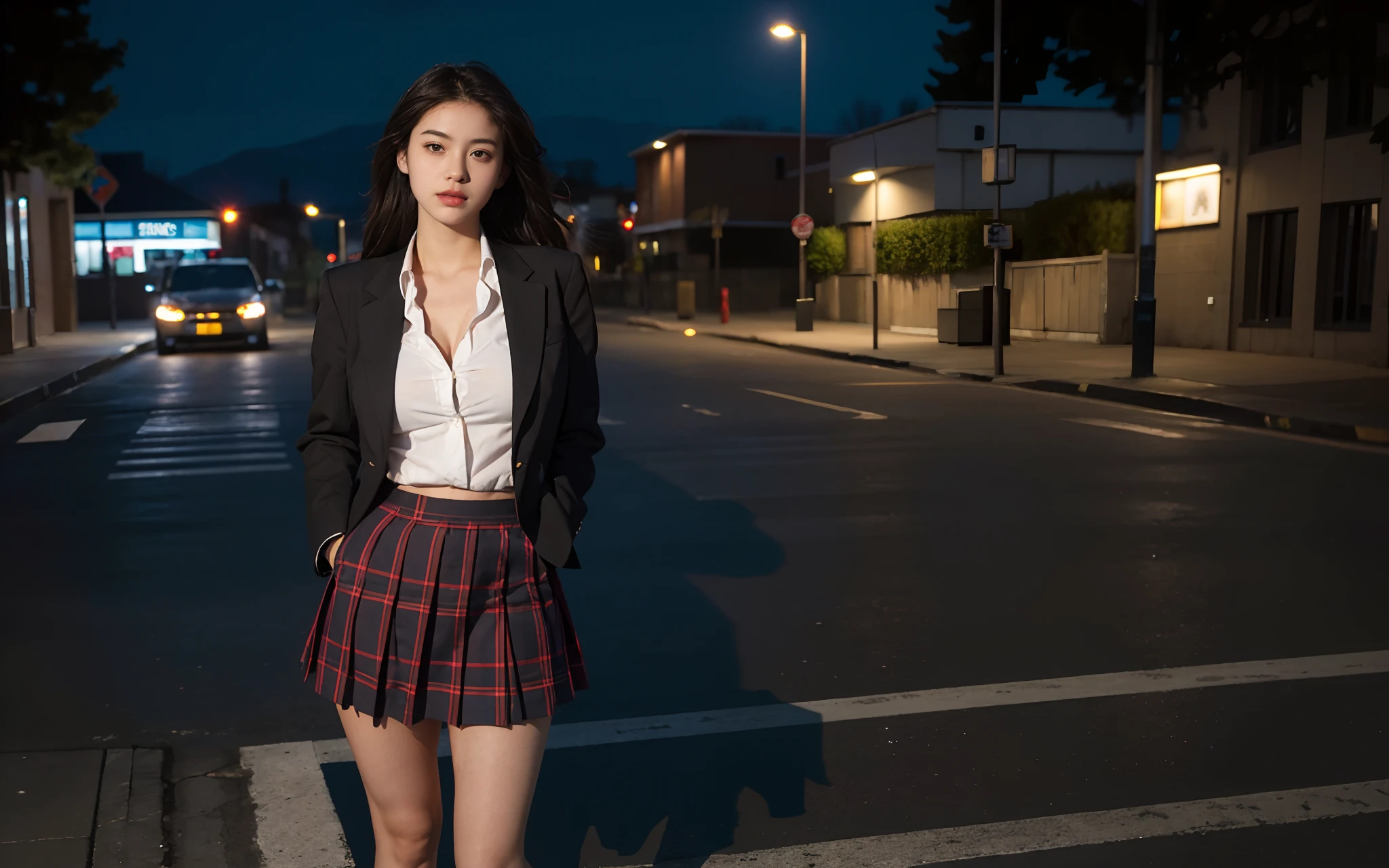 Best quality, masterpiece, ultra high res, (photorealistic:1.4), raw photo, (perfect body shape), (slim:1.2), dynamic pose, 1girl, (full figure:0.9), solo, big breasts, sagging breasts, school uniform, plaid mini skirt, in the dark, night, on the street, deep shadow, low key, cold light 12000K