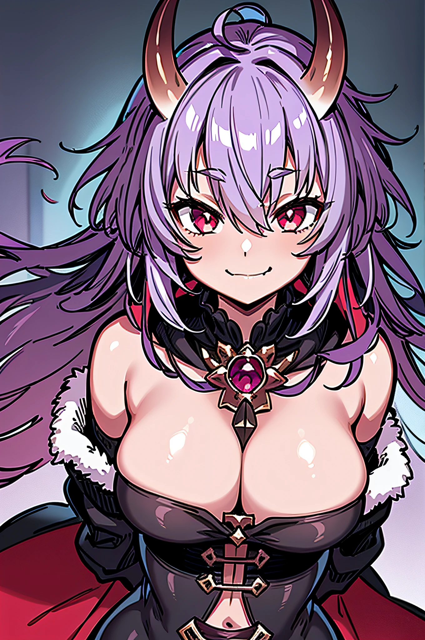 cygames, bust, extremely detailed CG unity 8k wallpaper, masterpiece, solo, Oni girl, {Oni horns}, purple hair, short hair, floating hair, red eyes, {beautiful eyes}, detailed eyes, evil smile, black cloak, winter clothes, closed clothes