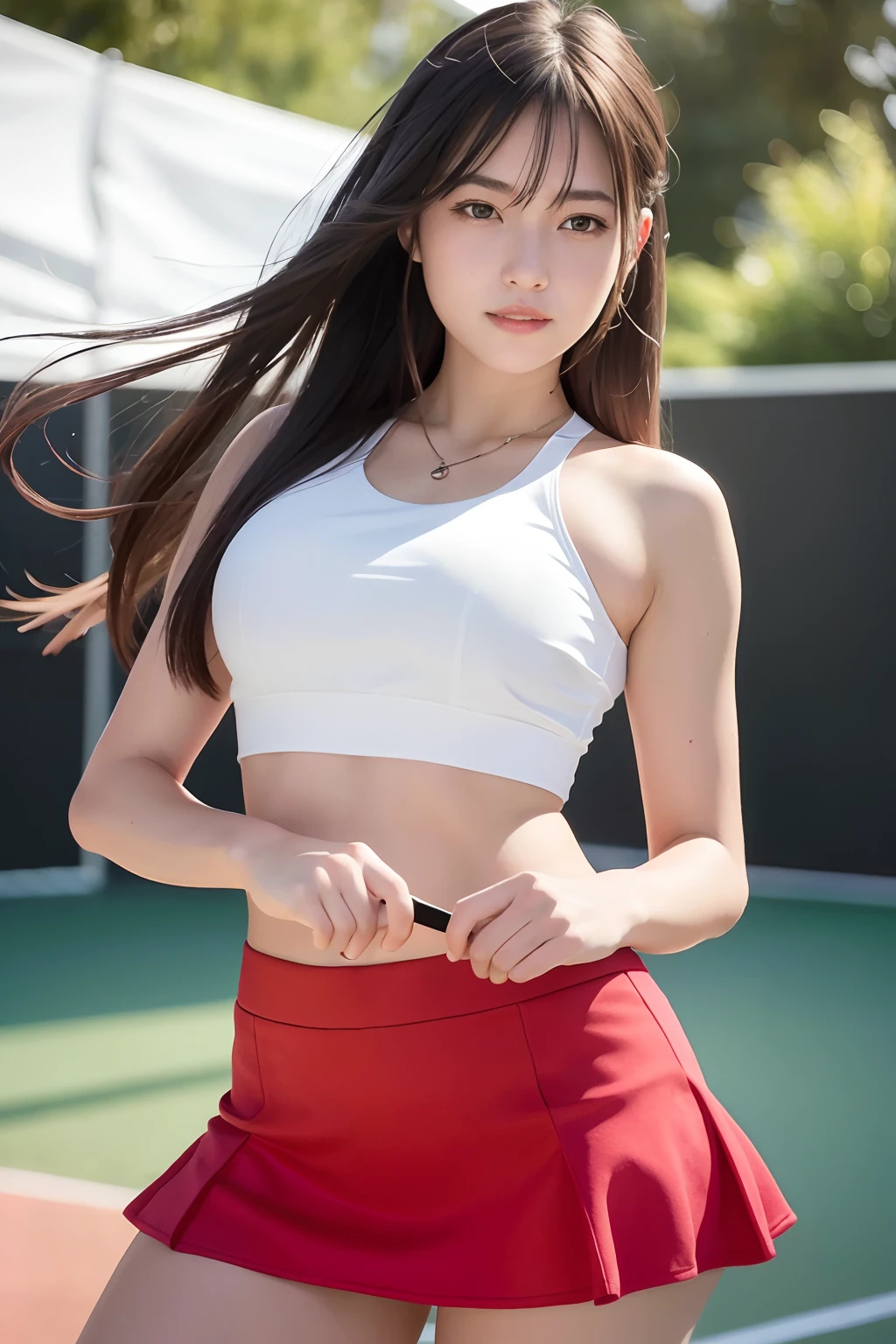 (8K, Best Quality, Masterpiece: 1.2), (Realistic, Photorealistic: 1.37), Super Detail, 1 Girl, 20 years old, Big, Beauty, Cute, Smile, Solo, Tennis Wear, Mini Skirt, Tennis Court, Racket, Tennis Ball, (Redness of the Nose), (Smile: 1.15), (Mouth Closed), Beautiful Eyes, (Long Hair: 1.2), Floating Hair Novafrog style, upper body