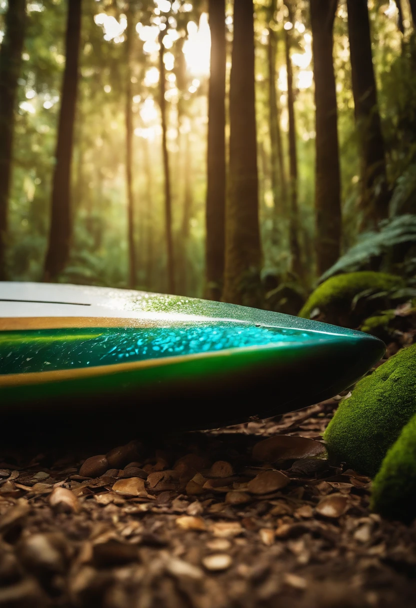 Macro photography keels of a surfboard tearing the surface of the underwater forest, bolhas de ar, seixos multicoloridos, raio de luz, elaborado, altamente detalhado, realista, intrincado, elegante, diffuse cinematic light, pintura em aquarela, gotejamento de tinta