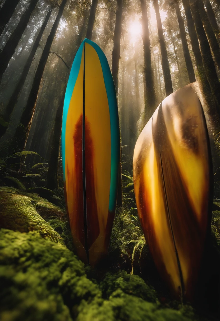 Macro photography keels of a surfboard tearing the surface of the underwater forest, bolhas de ar, seixos multicoloridos, raio de luz, elaborado, altamente detalhado, realista, intrincado, elegante, diffuse cinematic light, pintura em aquarela, gotejamento de tinta